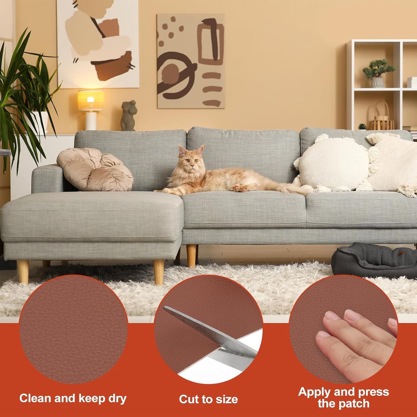 PATIKIL Leather Patches Tape for Furniture, 6.3 x 61 Inch Self Adhesive Vinyl Leather Repair Kit Cover Sheet for Couch, Sofa, Car Seats, Office Chair, Caramel Brown