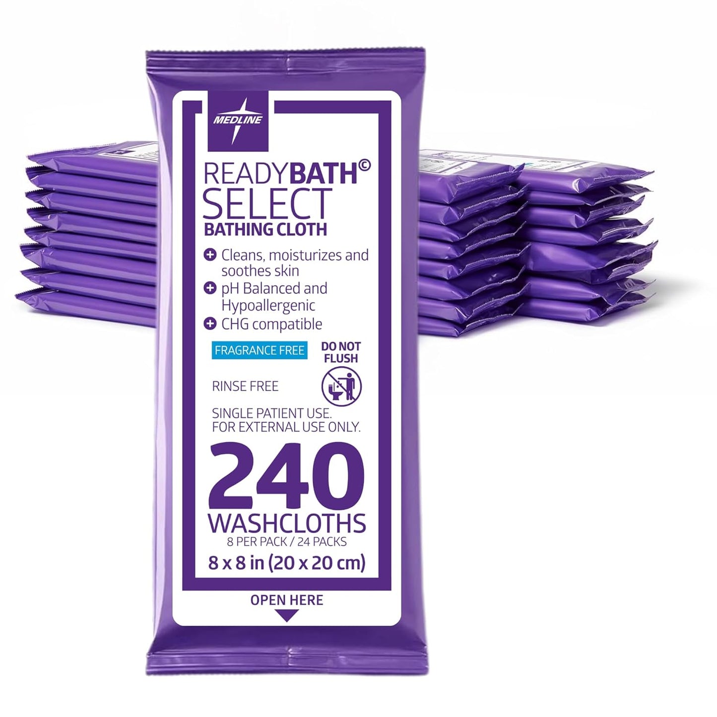 Medline Readybath Body Wipes, Shower and Bath for Adults, No Rinse Disposable Washcloths, Extra Thick, Hypoallergenic, Alcohol-Free, Aloe-Infused, Unscented, 240 Count (30 Packs), 8x8 Inch