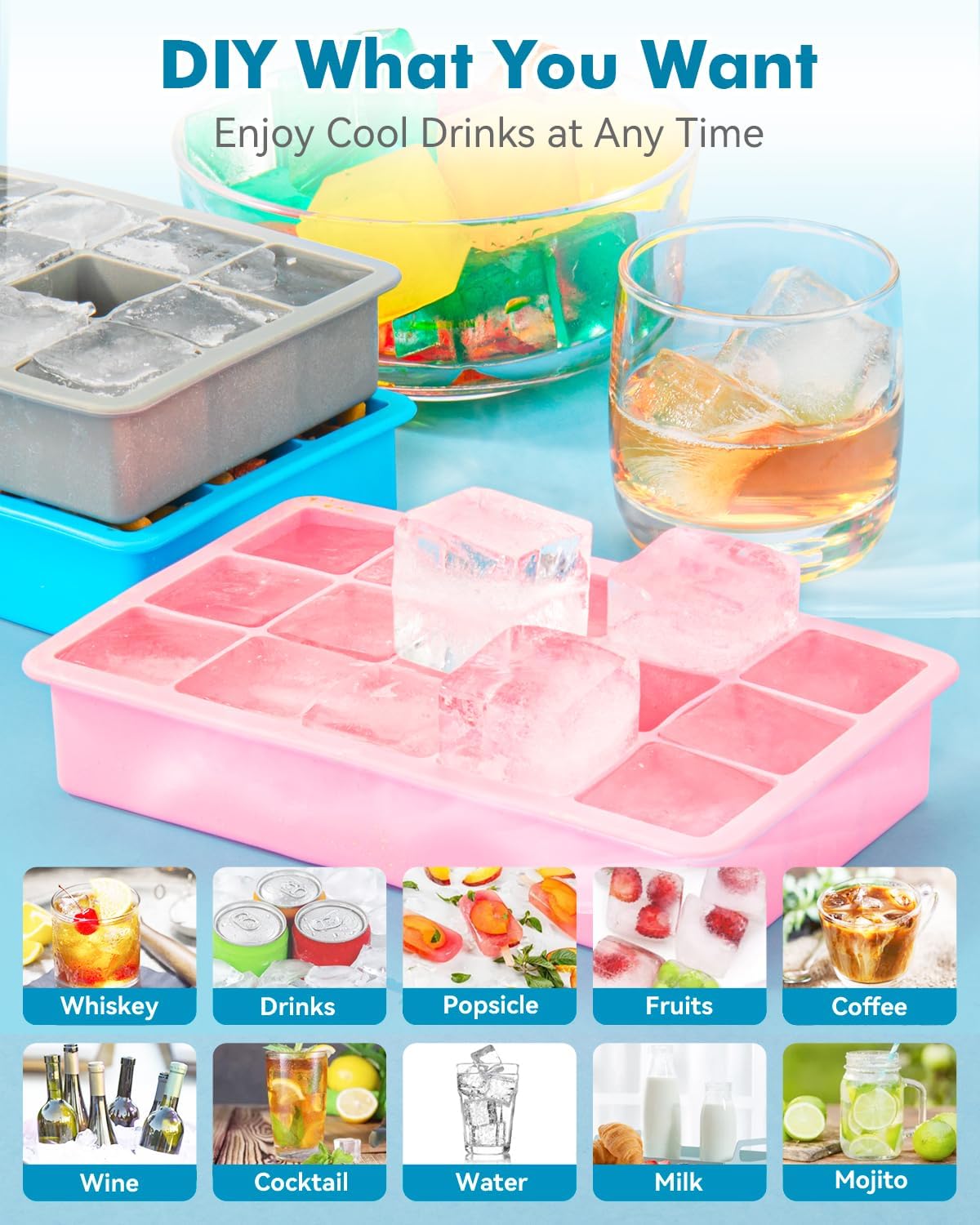 Silicone Ice Cube Trays for Freezer Set of 2- Square Ice Cubes Mold-Easy Release Silicone Old Fashioned Ice Cube Tray-Mini Fridge Rubber Ice Cube Tray for Whiskey Cocktail Coffee Soup