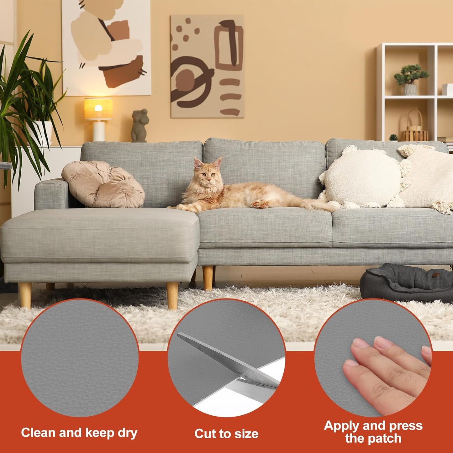 PATIKIL Leather Patches Tape for Furniture, 3.2 x 61 Inch Self Adhesive Vinyl Leather Repair Kit Cover Sheet for Couch, Sofa, Car Seats, Office Chair, Light Gray