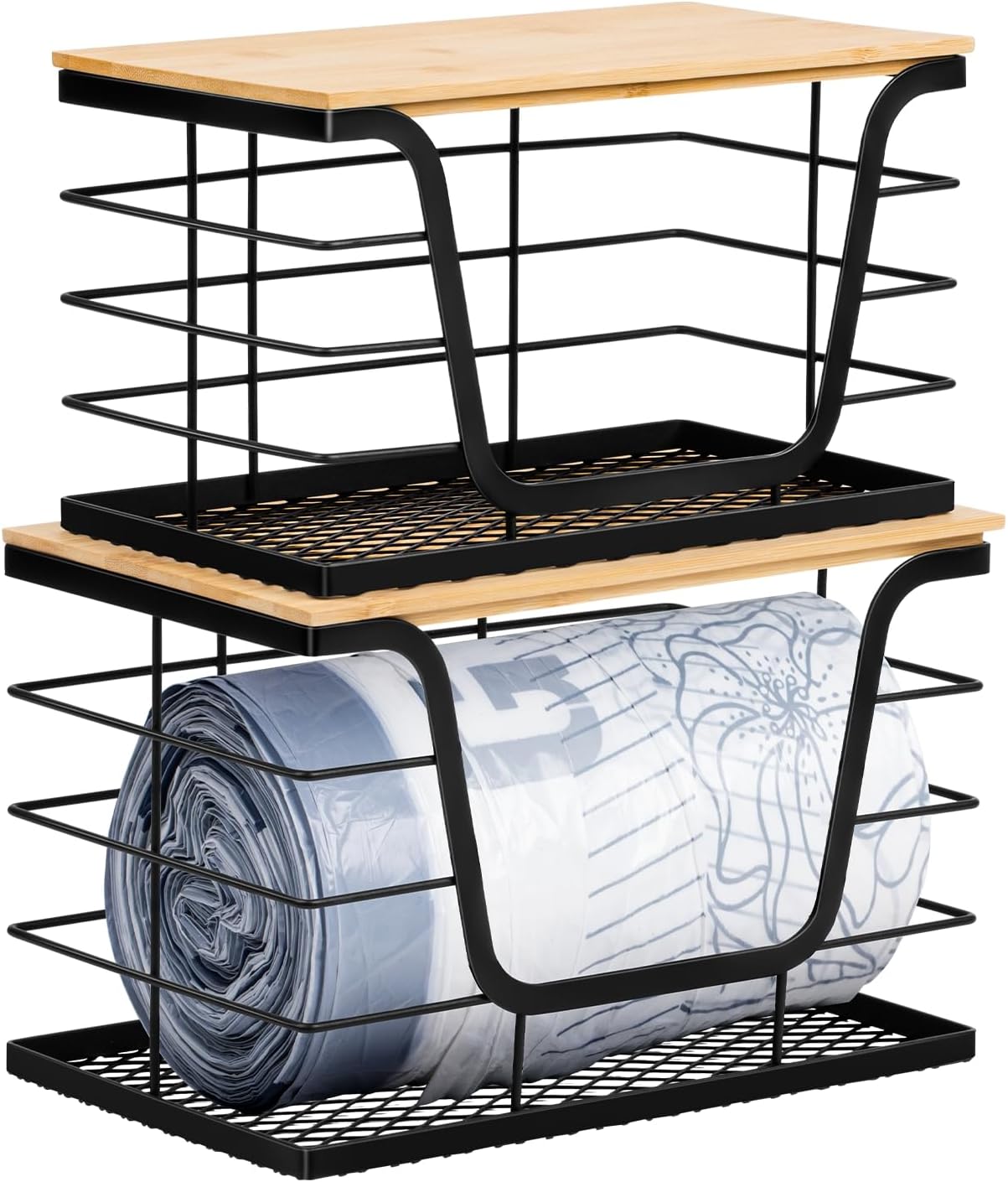 Wetheny 2 Pack Trash Bag Holder, Wall Mounted Garbage Bag Dispenser with Bamboo Top and Mesh Bottom, Stackable Storage for Kitchen Laundry Organization, Black