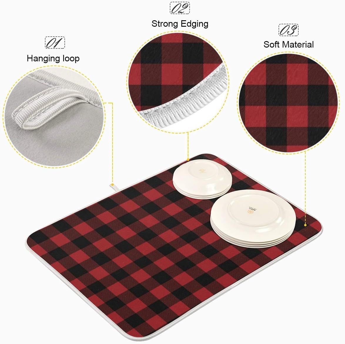Red and Black Buffalo Plaid Dish Drying Mat 18x24 for Kitchen Merry Christmas Winter Xmas Dishes Pad Dish Drainer Rack Mats Absorbent Fast Dry Kitchen Accessories