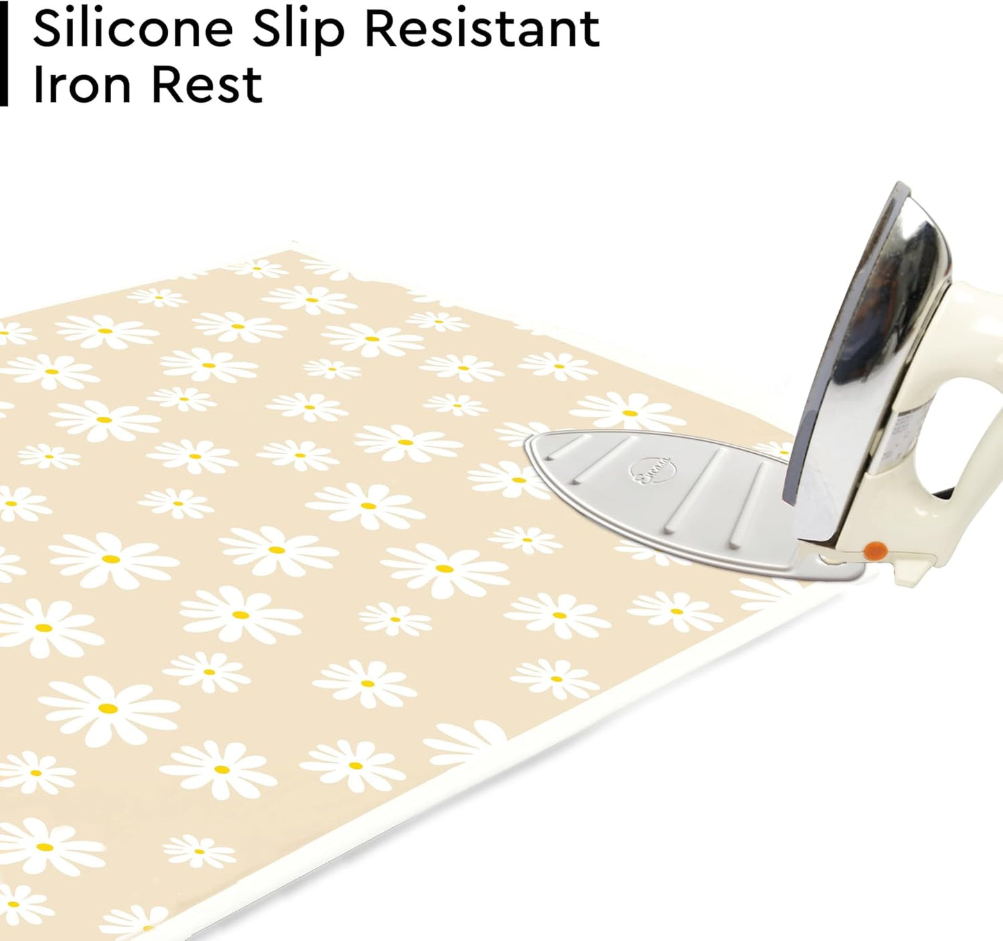 Encasa XO Ironing Mat/Pad (Large 48"x28") with 3mm Padding & Silicone Iron Rest for Steam Pressing on Tabletop or Bed - Heat Resistant, Portable, Quilting & Travel Blanket - Daisy Beige