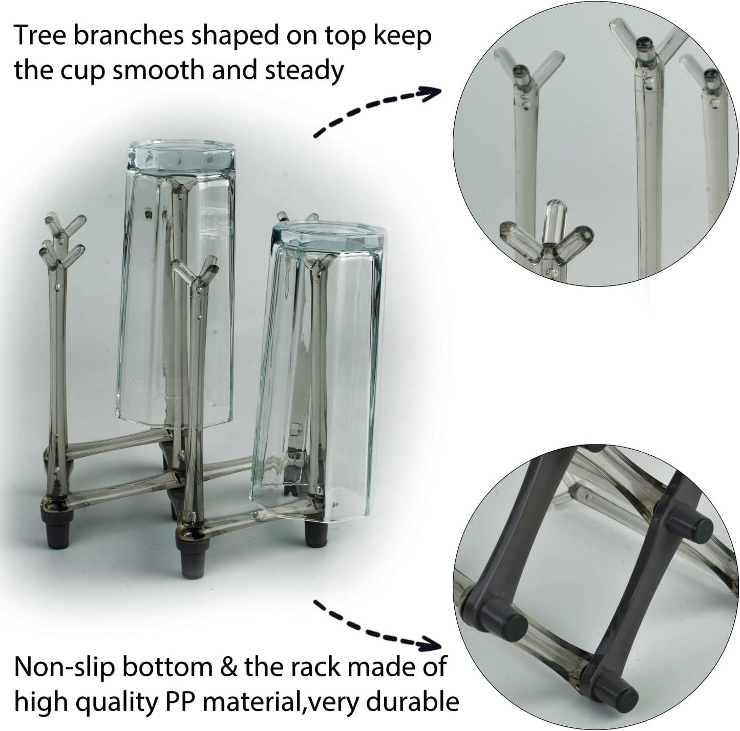 2 Pcs Cup Drying Racks Set, Retractable Drinking Glass & Baby Bottle Drainer Stand, PP Material Mug Draining Organizer, Kitchen Countertop Dishes Holder, Gray