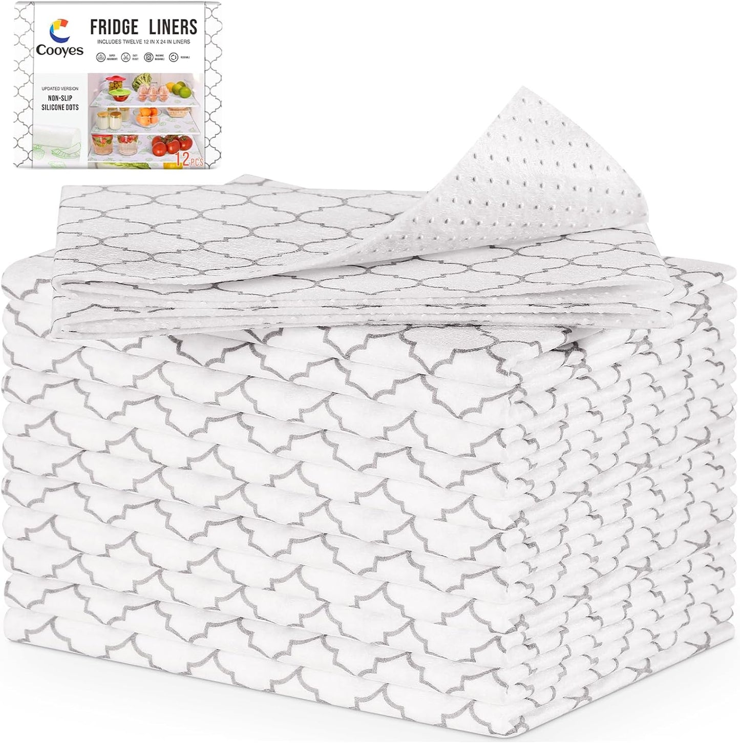 Cooyes 12 Pack Refrigerator Liners, Non Slip Fridge Mats Washable, Refrigerator Shelf Liner for Glass Shelves and Drawers, Keep Produce Fresh Longer, 12" × 24"