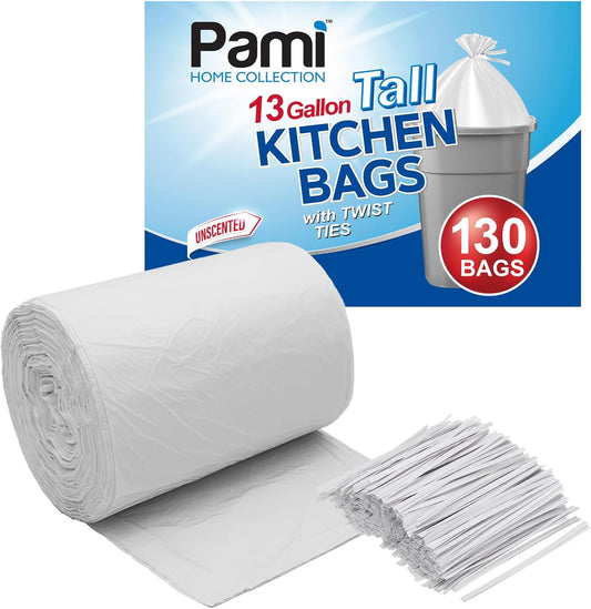 PAMI 13-Gallon Tall Garbage Bags [130-Pack, White] With Twist Ties - Unscented, Odor-Control Trash Can Liners - Strong Multipurpose Plastic Trash Bags For Kitchen, Bathroom, Office