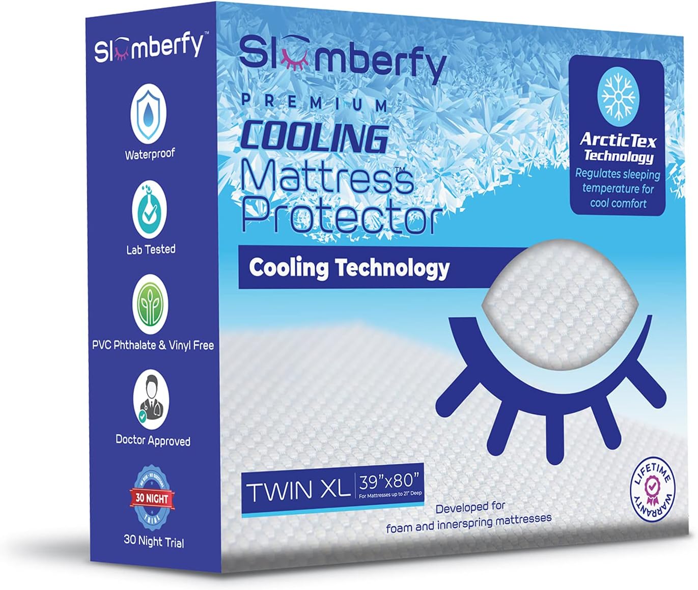 Slumberfy Twin XL Cooling Hypoallergenic Mattress Protector, 39x80 in, White, Noiseless, Washable