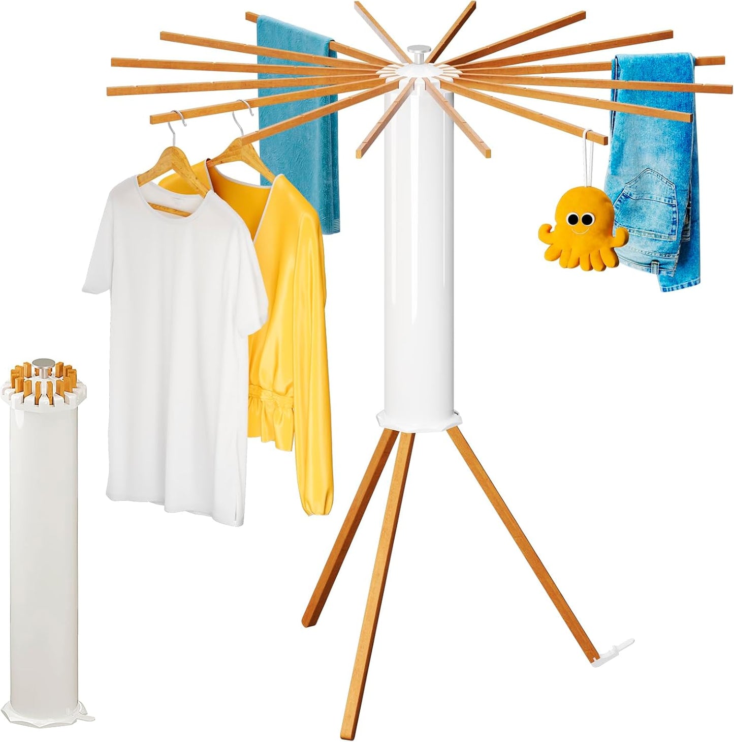 Cylinder Tripod Clothes Drying Rack - 16 Expandable Rods | Standing Octopus Drying Rack Clothing | Space Saving Master | Collapsible Compact for Laundry Room Household & Indoor | Solid Wood