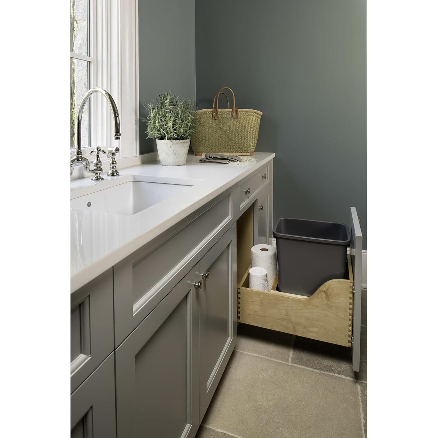 Rev-A-Shelf Pullout Trash Can for Kitchen Cabinet, Single 35 Qt Bin with 12" Wood Frame - Large Garbage Bin Container for Home Waste Storage and Recycling