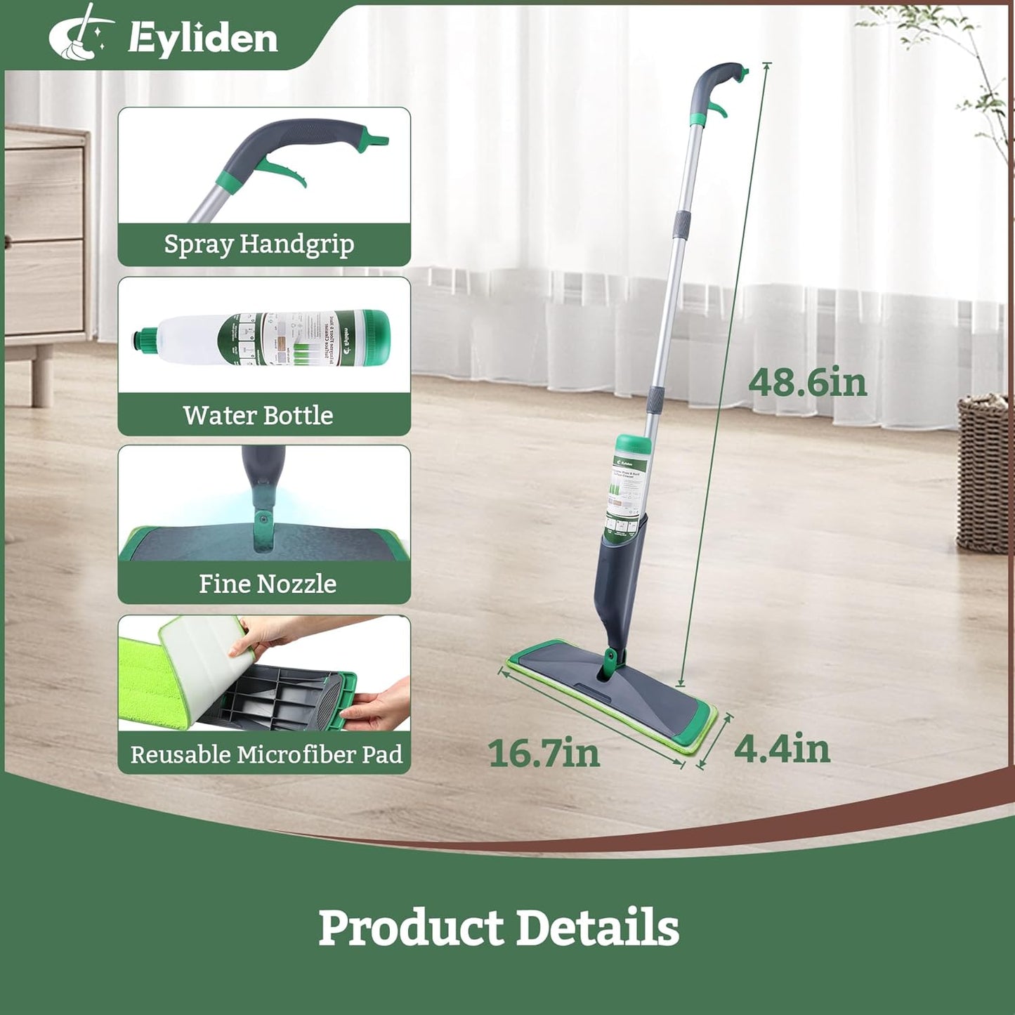 Eyliden Floor Spray Mop with Bio-Enzyme Cleaner Kit | Multi-Surface Cleaner Concentrate, Refillable Mops Safe for All Home, Office Floors Cleaning, 2 Washable Microfiber Pads