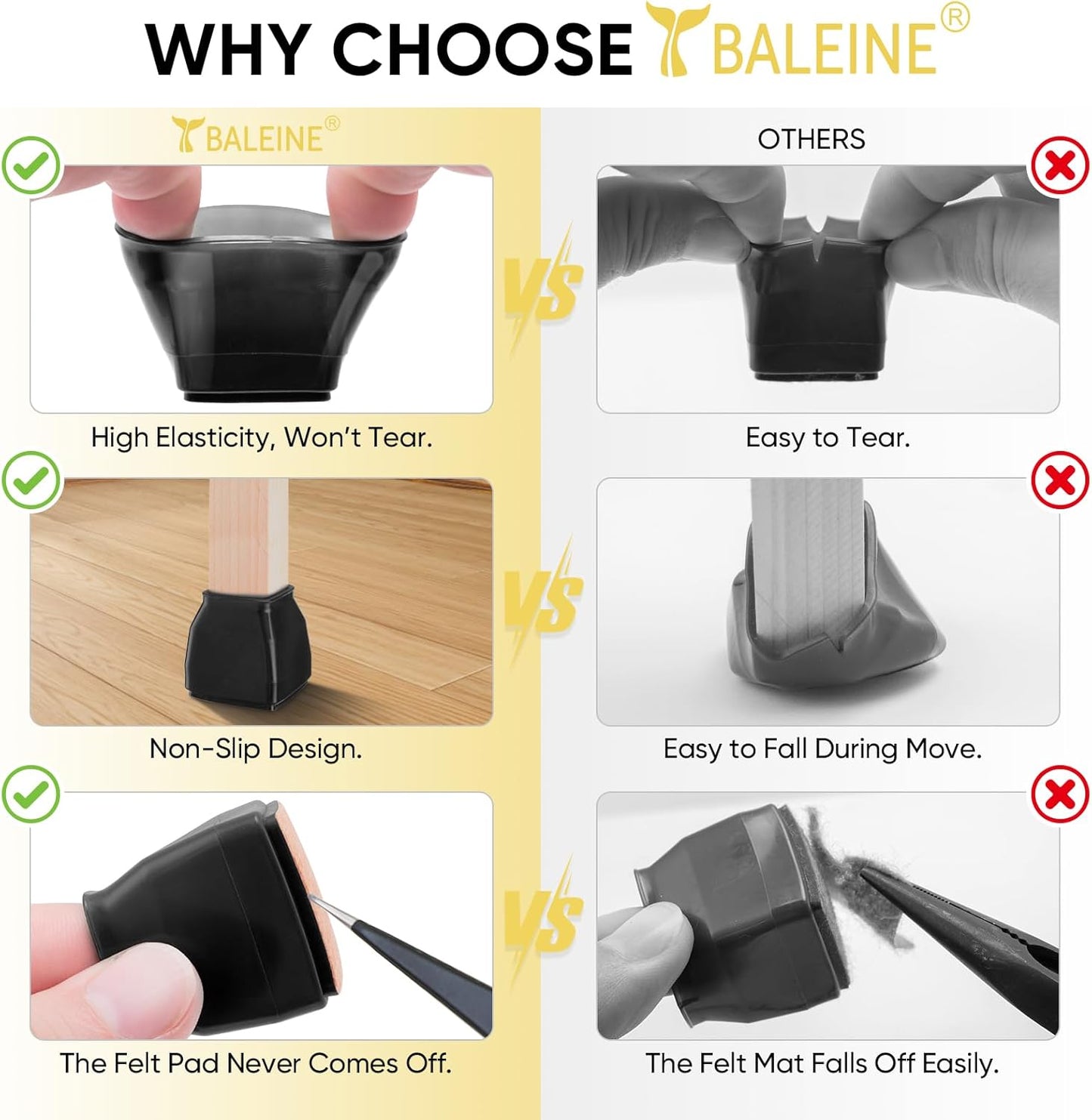 BALEINE 16 Pack Silicone Chair Leg Floor Protectors, Stool Leg Protectors Cap, Non-Slip Chair Leg Caps for Hardwood Floors (Black & Small (Square), 16 Pack)