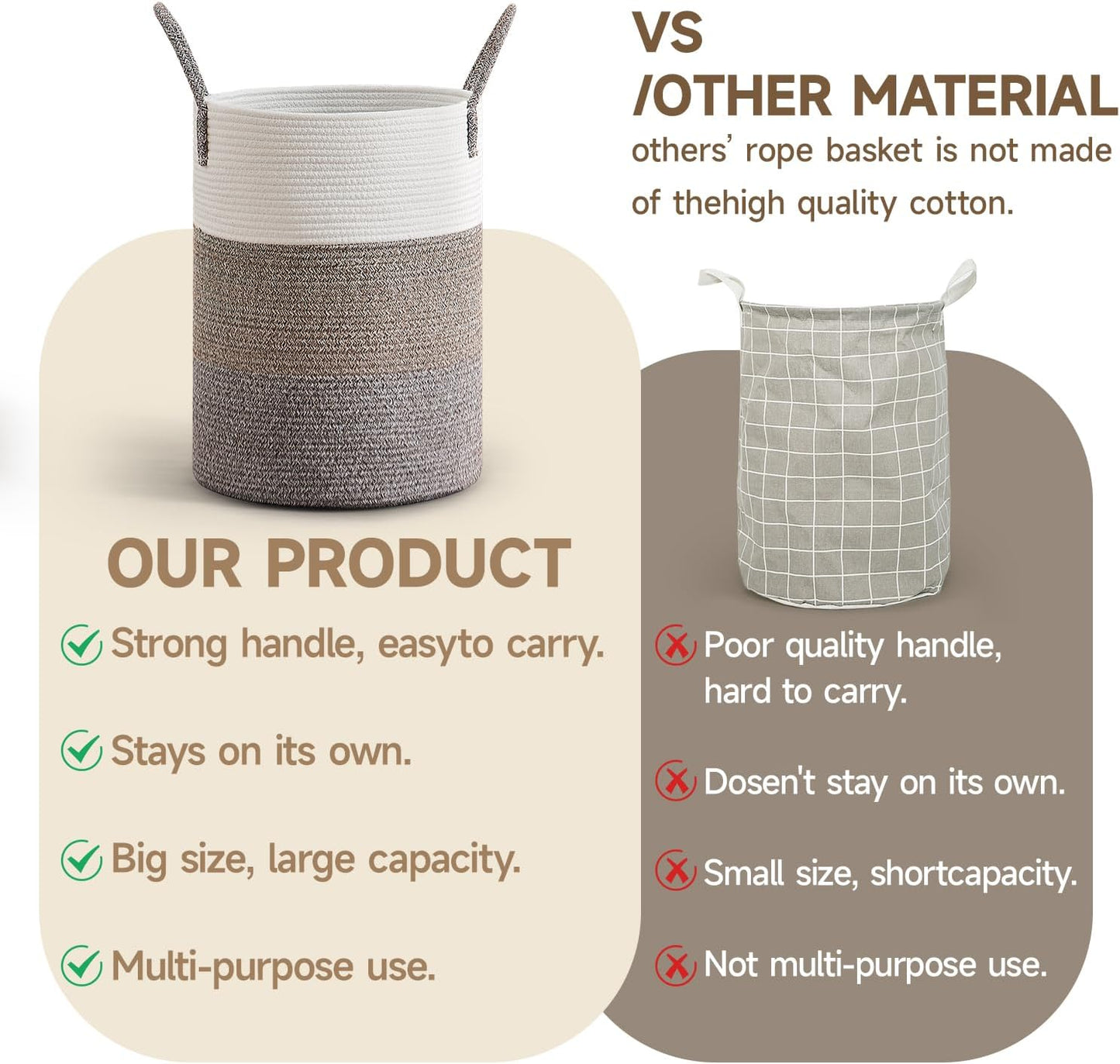 CLHMILY&Z 60L Laundry Basket Round Storage Rope Basket - 15x20.5 Inches - Laundry Hamper in Bedreoom and Mutil Storage Bin for Blankets, Toys, and Nursery Essentials