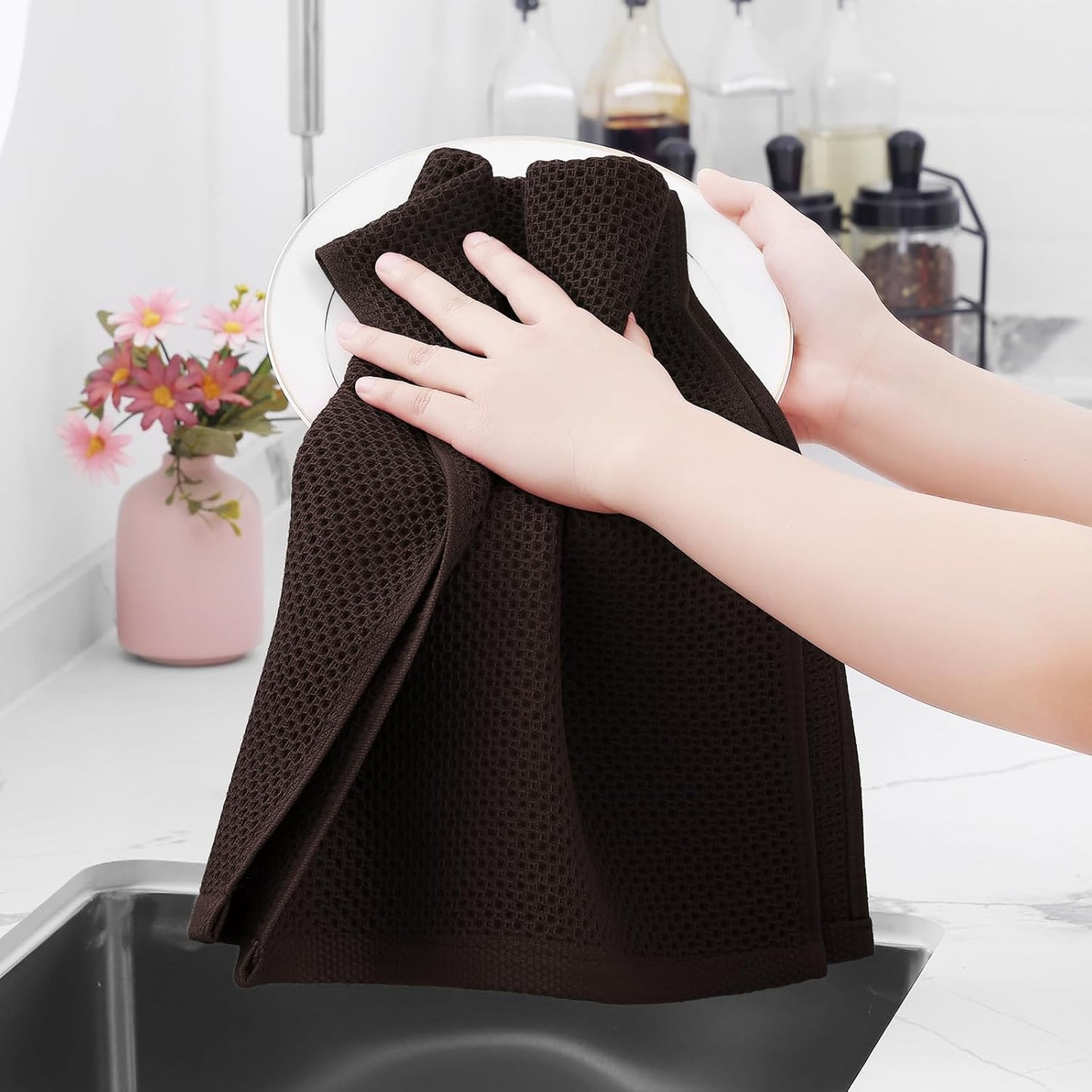 Homaxy 100% Cotton Waffle Weave Kitchen Dish Towels, Ultra Soft Absorbent Quick Drying Cleaning Towel, 13 x 28 Inches, 6-Pack, Dark Brown