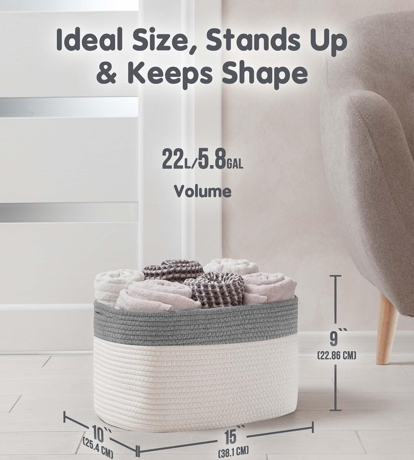 CHAT BLANC Cotton Rope Baskets for Organizing | Storage Baskets for Shelves | Rope Basket for Storage, Small Laundry Baskets, Woven Baskets for Storage, Dog Toy Bin, Baby Basket,Dark Gray&White 3 Pack