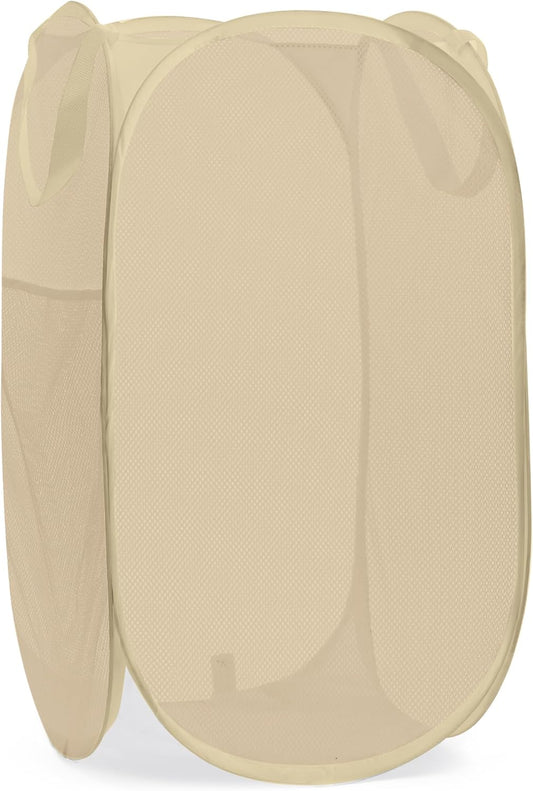 Handy Laundry Collapsible Mesh Pop Up Hamper with Wide Opening and Side Pocket - Breathable, Sturdy, Foldable, and Space-Saving Design for Clothes and Storage (Beige)