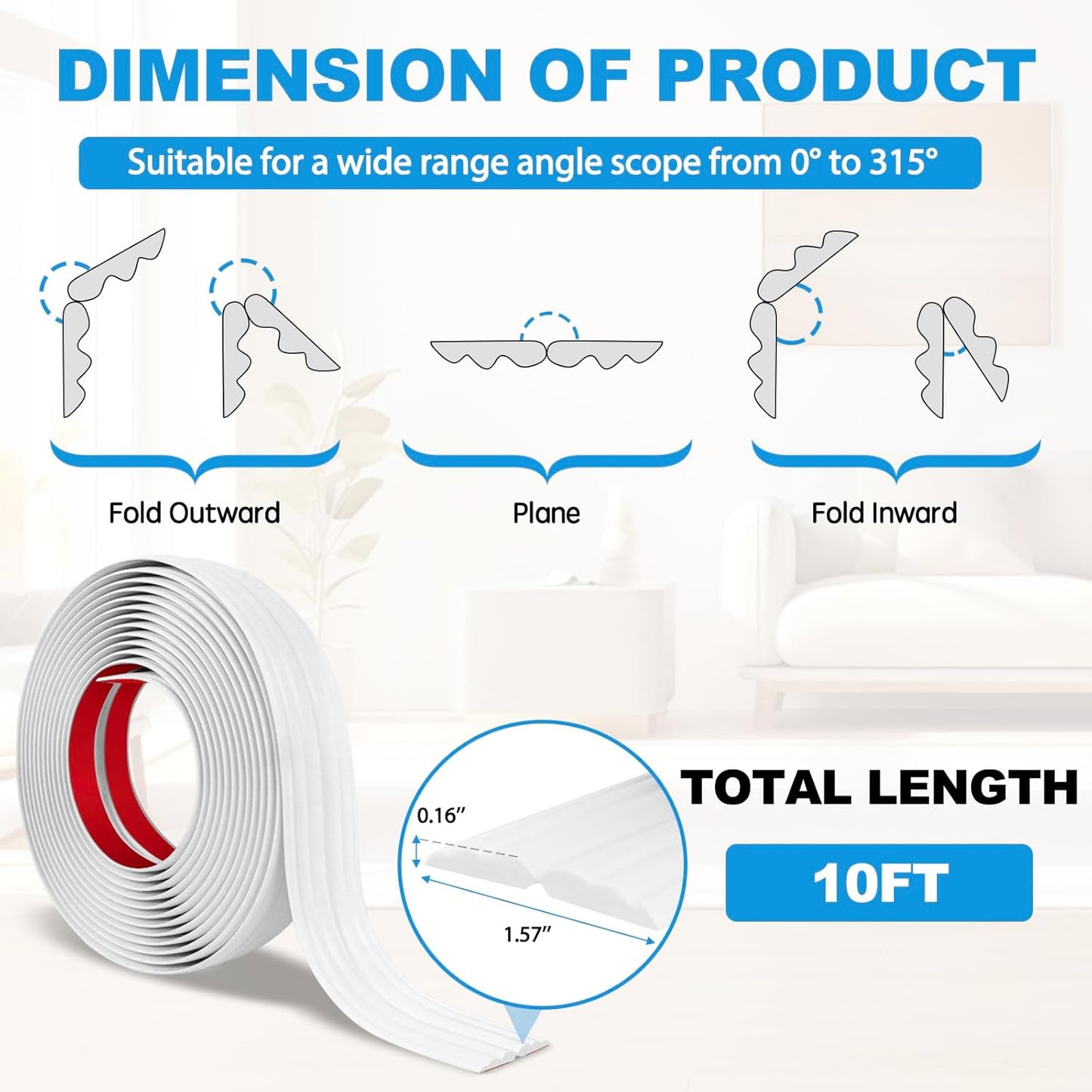 Wall Corner Protector Peel and Stick Corner Trim Molding Flexible Inside & Outside Wall Edge Guard Self Adhesive Moulding Trim for Edge Use, White, 1.6” W x 10’ L