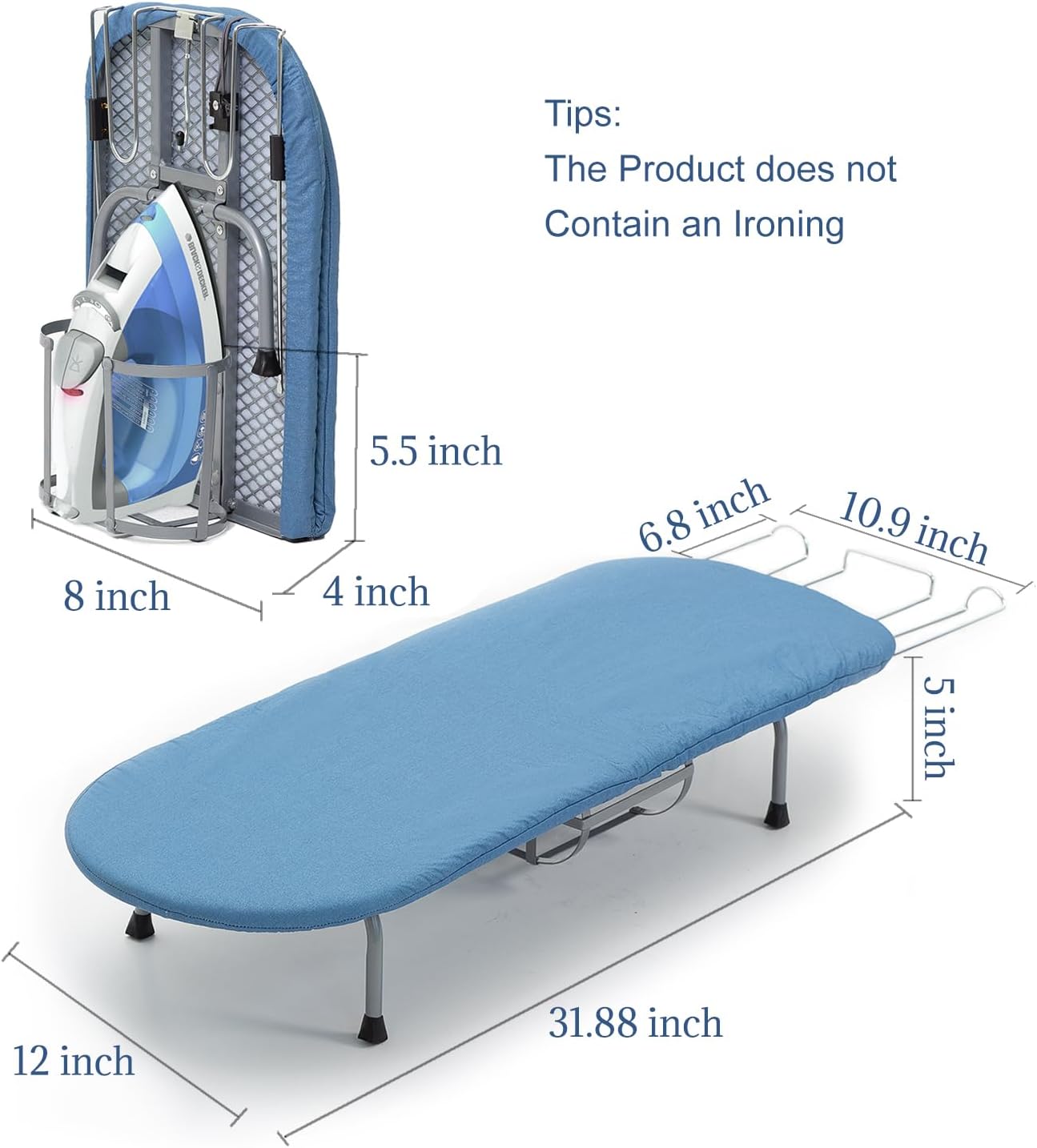 Metal Foldable Iron Board with Iron Holder, RAINHOL Small Ironing Board Tabletop with Heat Resistant Cover, 31x12 Mini Compact Ironing Table for Dorms, Aprtment, Blue