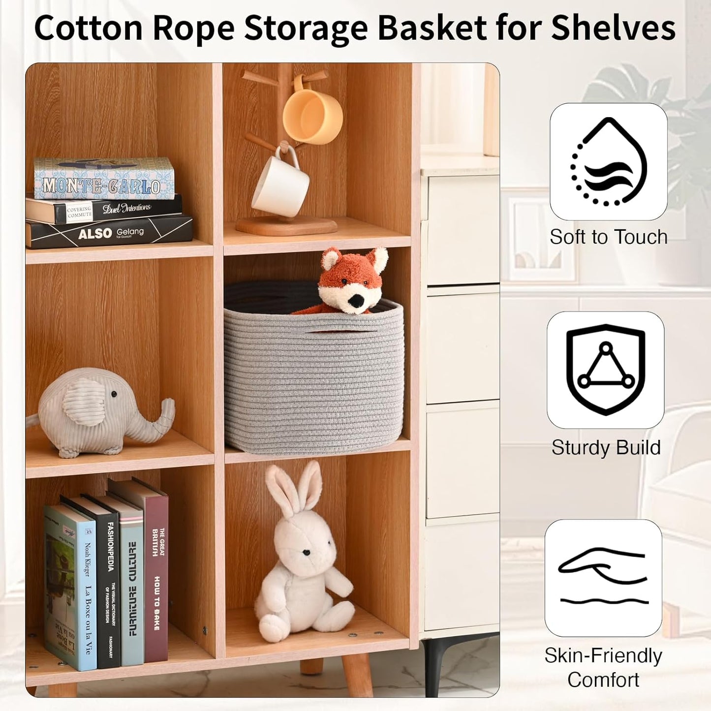 Woven Cotton Rope Storage Basket for Organizing, Cute Decorative Baskets for Gifts Empty, Organizer Bins for Dog Toy, Baby Laundry, 17“×13”×9.5“, Light Grey