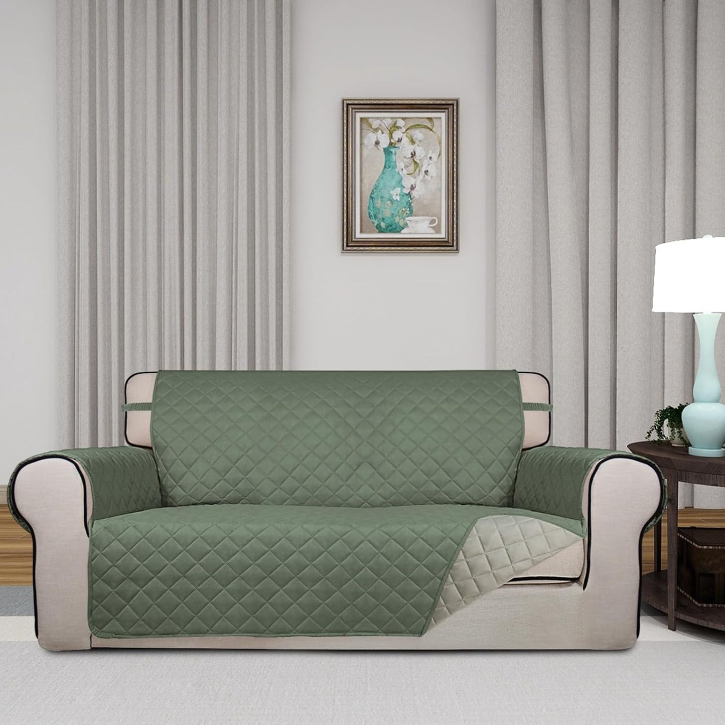 PureFit Reversible Quilted Sofa Cover, Water Resistant Slipcover Furniture Protector, Washable Couch Cover with Non Slip and Elastic Straps for Kids, Dogs (Oversized Loveseat, Greyish Green/Beige)