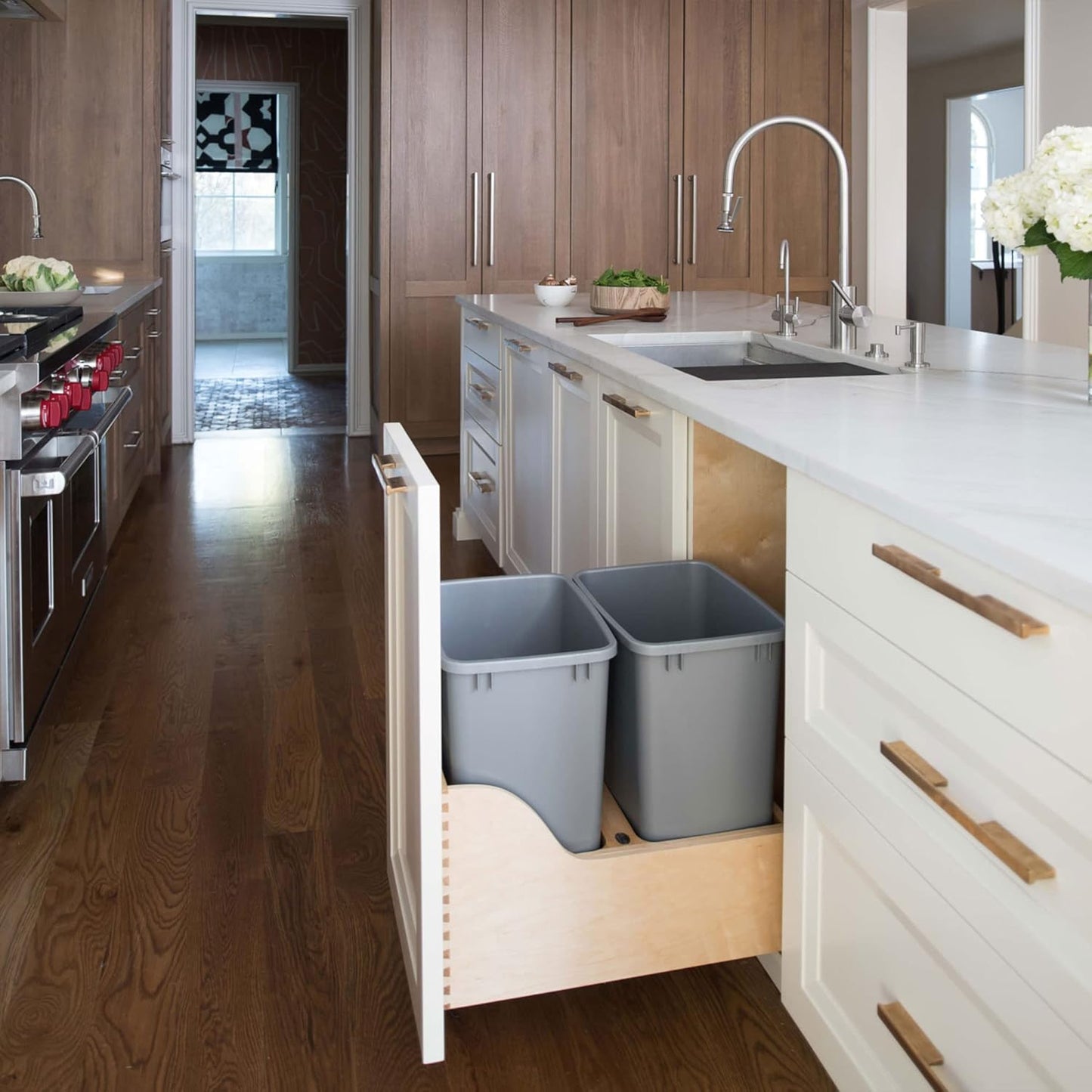 Rev-A-Shelf Pullout Trash Cans for Kitchen Cabinet, Dual 35 Qt Bins with 15" Wood Frame - Large Garbage Bin Containers for Home Waste Storage and Recycling