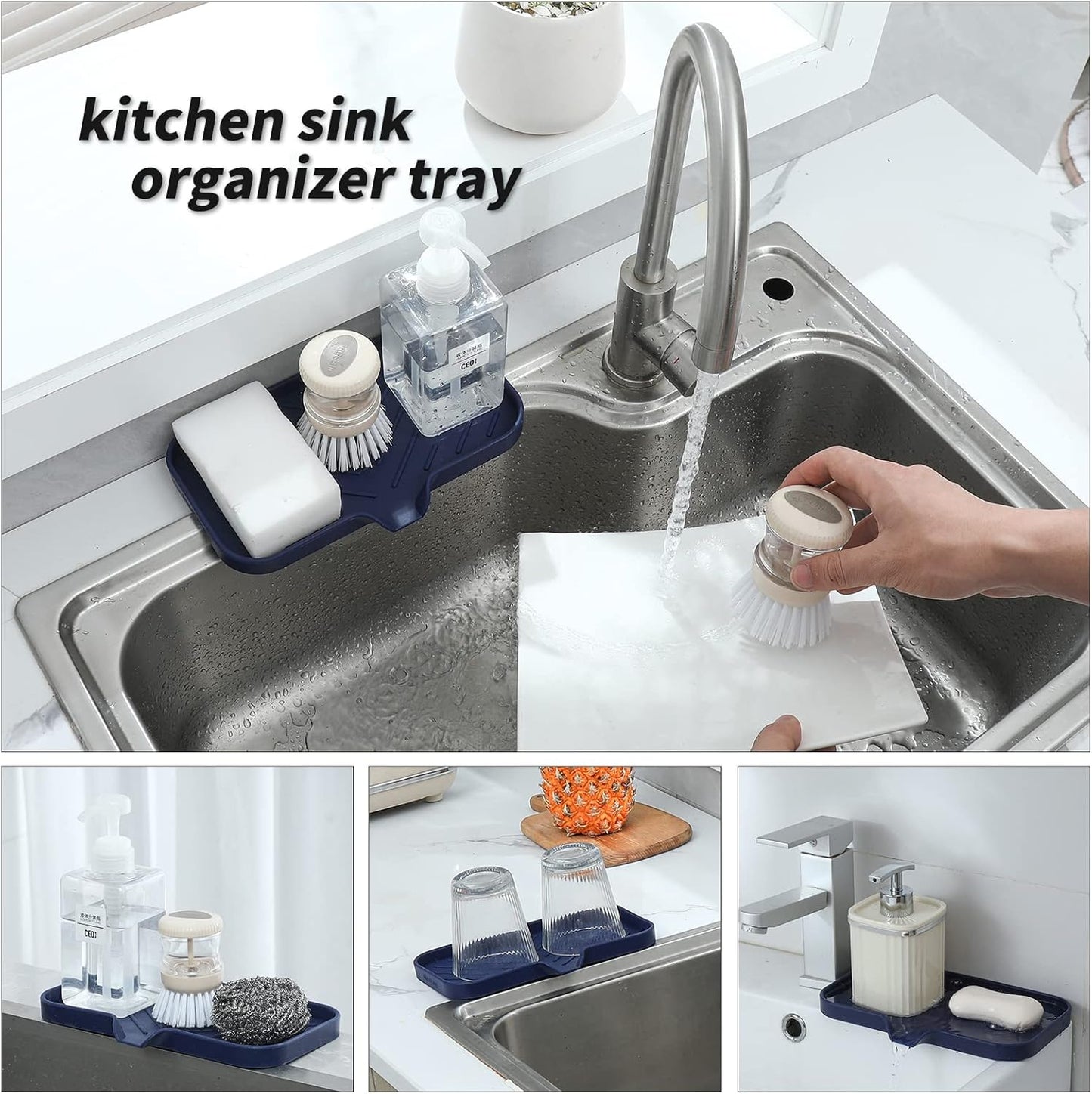 Silicone Bathroom Soap Dishes with Drain Spout-Kitchen Sink Organizer,Sponge Holder,Dish Soap Tray,Perfect for Dispenser,Scrubber,Bottle,Cup on Sink or Counter-Navy Blue 9.6"×5.3"
