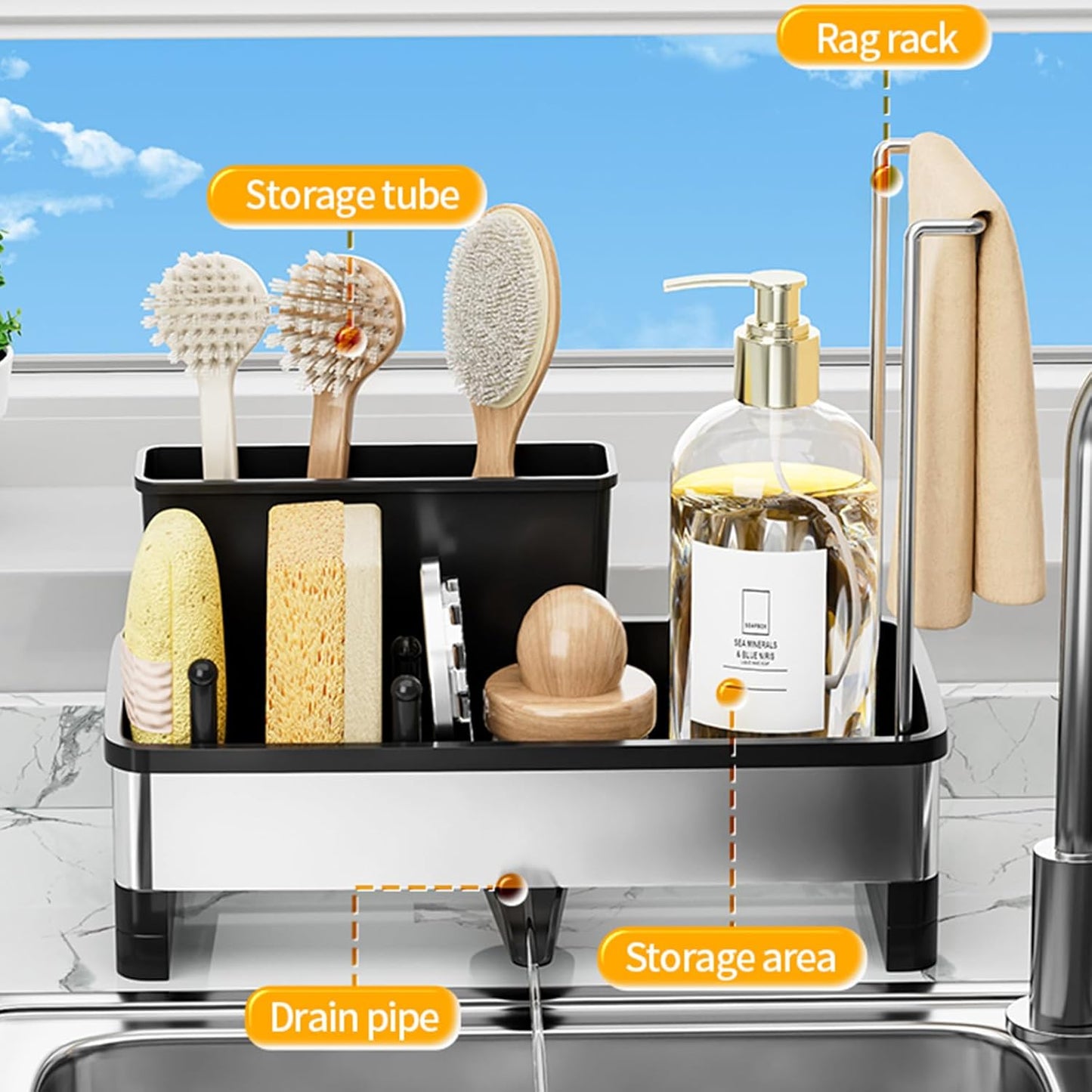 Sponge Holder for Kitchen Sink,Sink Caddy Organizer with Removable Brush Holder,Kitchen Countertop Soap Dispenser Storage with Detachable Towel Rack,Black