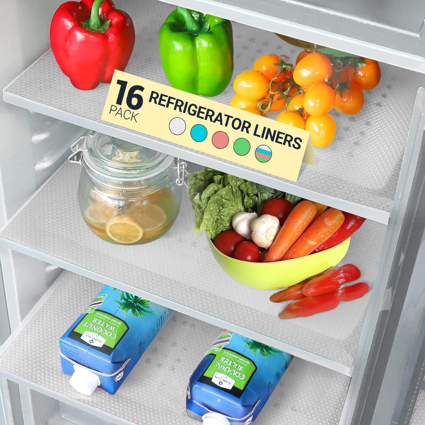 Refrigerator Liners for Shelves (16 Pack) by Linda’s Essentials - Non-Adhesive Shelf or Drawer Liner, BPA-Free Fridge Mats for Kitchen & Cabinets, Easy to Clean, Ideal Household Essentials (Clear)