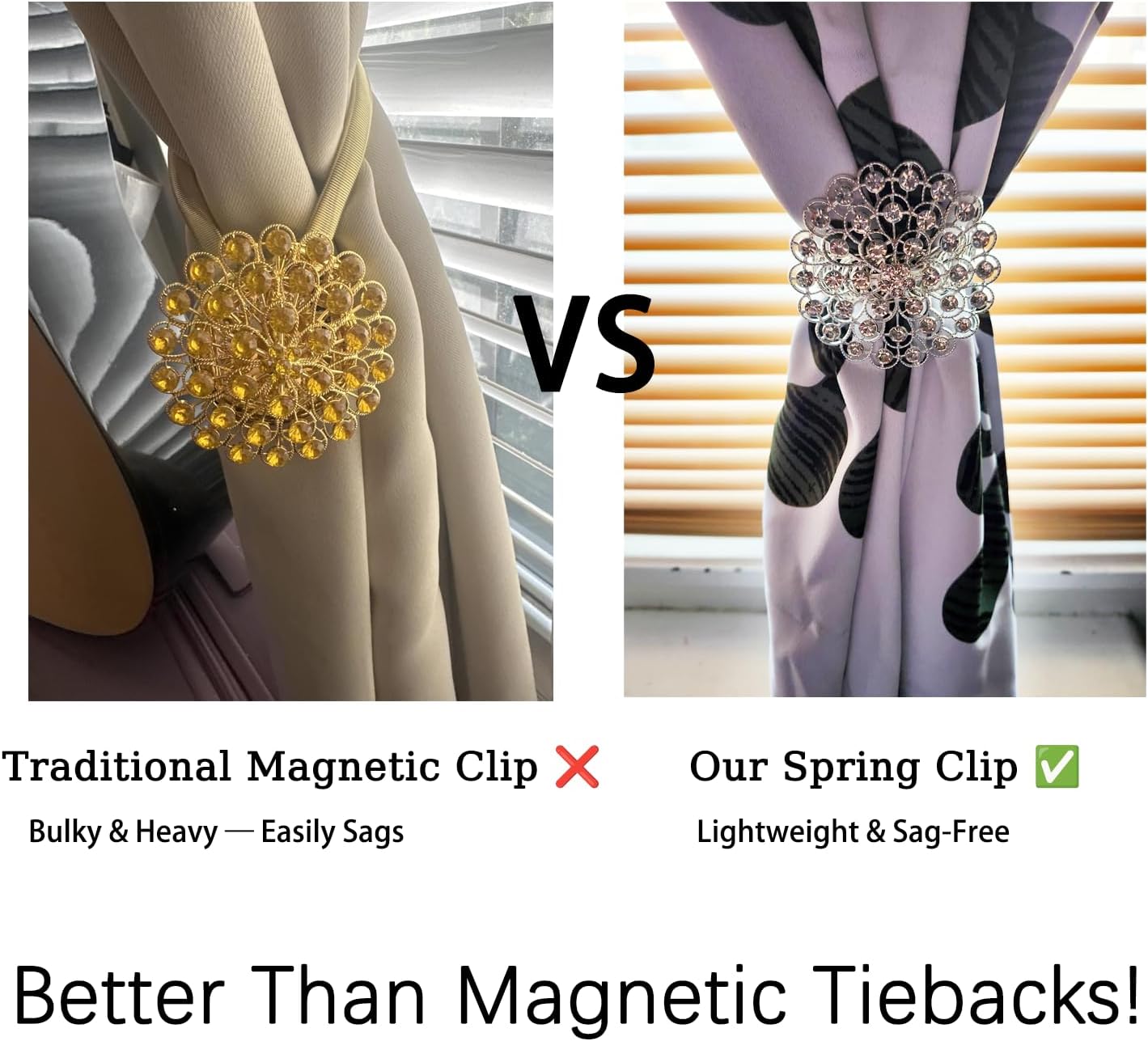 2 Pack Crystal Flower Curtain Tiebacks – Decorative Spring Wire Buckle Clips with Sparkling Rhinestone Flower Design, No Drilling, Easy Fit for Drapes & Sheers (Silver)