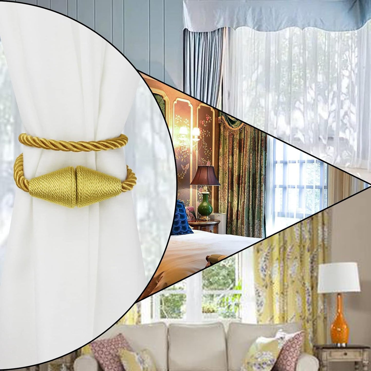 6 Pack Magnetic Curtain Tiebacks Rope Modern Handmade Curtain Tie Backs Decorative Drapes Weave Holdbacks for Window Décor, Gold