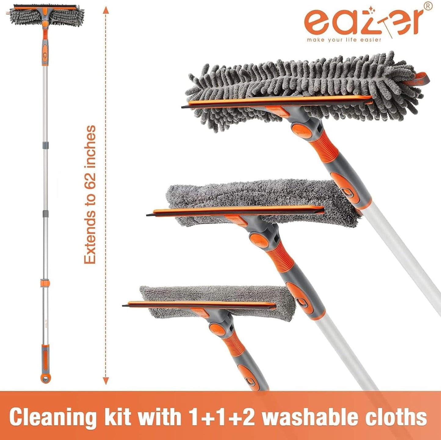Eazer 2-in-1 Window Cleaner Tool, 64'' Window Squeegee for Home, Window Cleaning Squeegee Kit with Telescopic Pole, Window Washing Kit with Rotatable Bendable Head(Threaded + Telescopic)