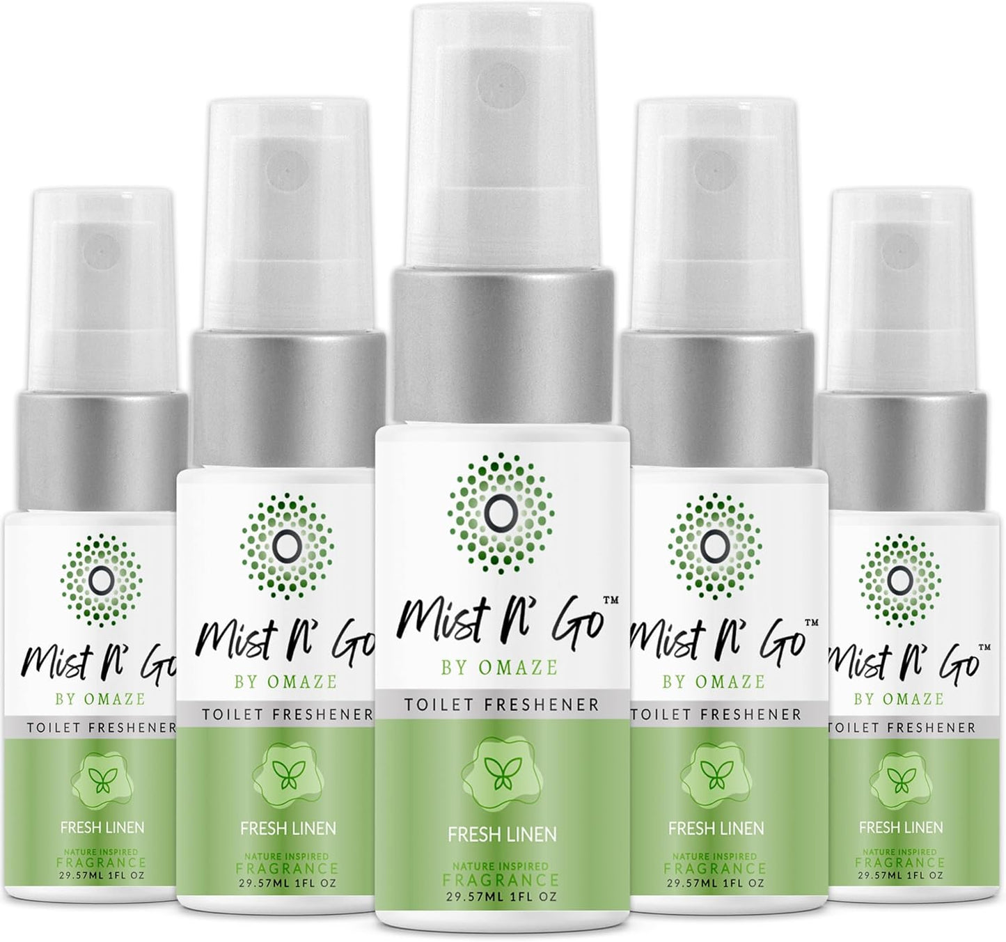 Mist N' Go by Omaze Travel Bathroom Spray - Toilet Odor Eliminator & Air Freshener - Fresh Linen (1oz x5)