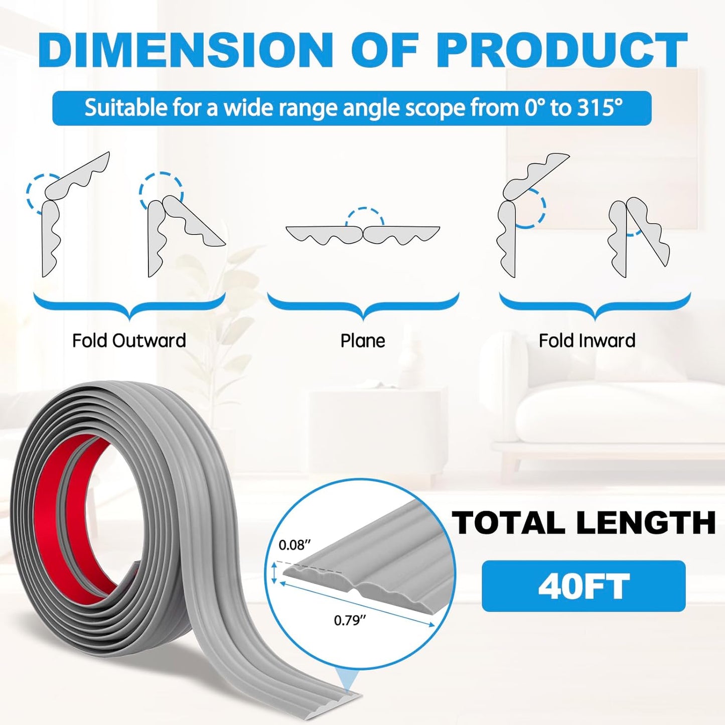 Wall Corner Protector Peel and Stick Corner Trim Molding Flexible Inside & Outside Wall Edge Guard Self Adhesive Moulding Trim for Edge Use, Gray, 0.8” W x 40’ L