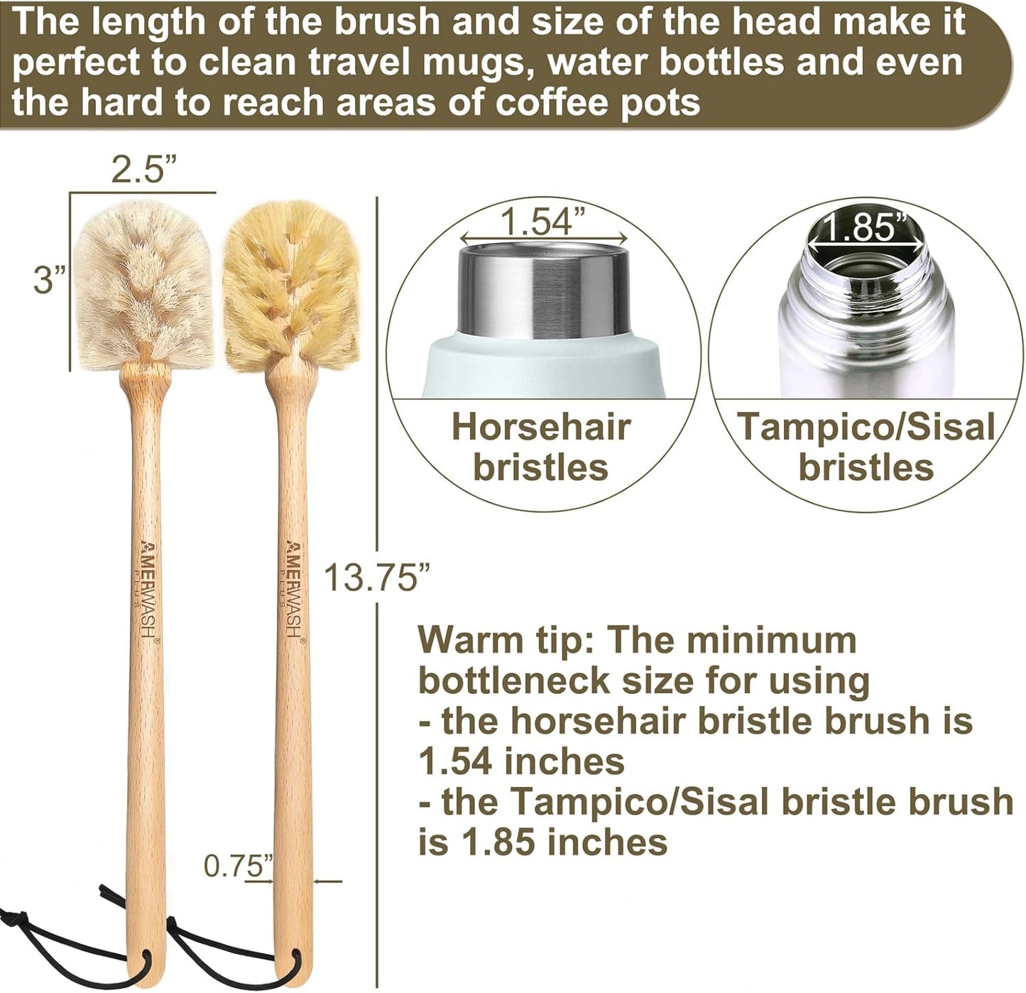 Bottle Brushes with Natural Bristles, 13-3/4 Inch Long Wood Handle Bottle Brush Cleans and Scrubs Wide Mouth Jars, Glasses, Vases, Mugs and Pitchers, Sisal + Horsehair Bristles 2 Pack