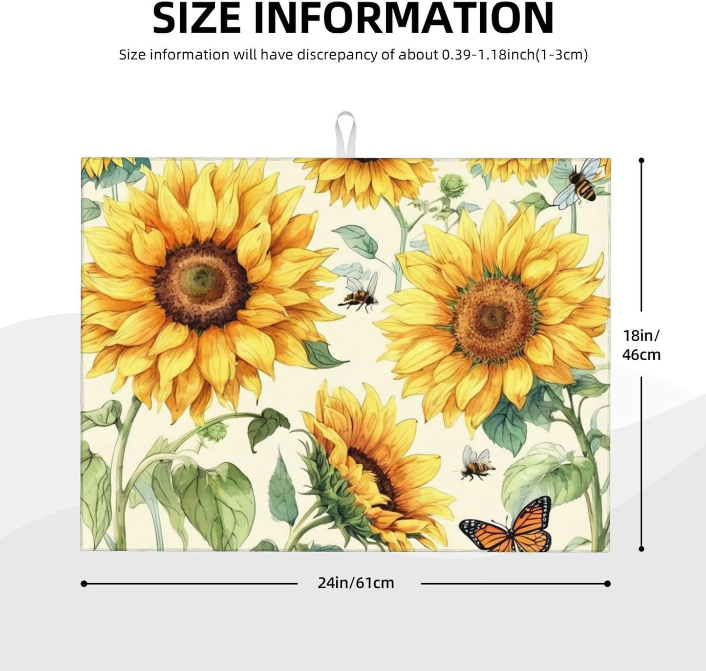 Sunflower Dish Drying Mat Highly Absorbent Double-Sided Microfiber with Hanging Loop Reversible Drain Dish Rack Mat Drain Mat Suitable for Kitchen Countertop Coffee Bar 18 x 24 Inch