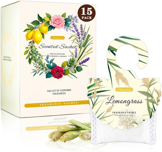 15 Packs Lemongrass Scented Sachets Bag for Drawers and Closets, Air Freshener for Home Fragrance Sachet, Long-Lasting Hanging Closet Deodorizer Smell Goods for House