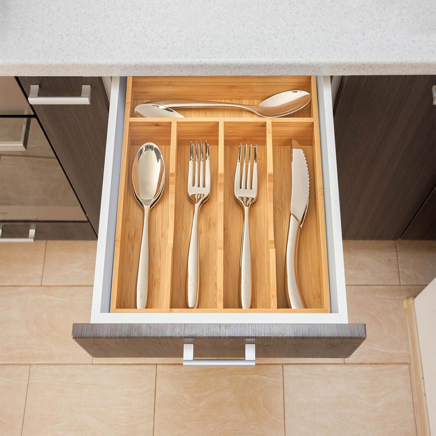 Umilife Bamboo Kitchen Drawer Organizer, 8.25 Inch Silverware Utensils Tray Holder for Small Drawer, Wood Caddy for Flatware Cutlery Knives