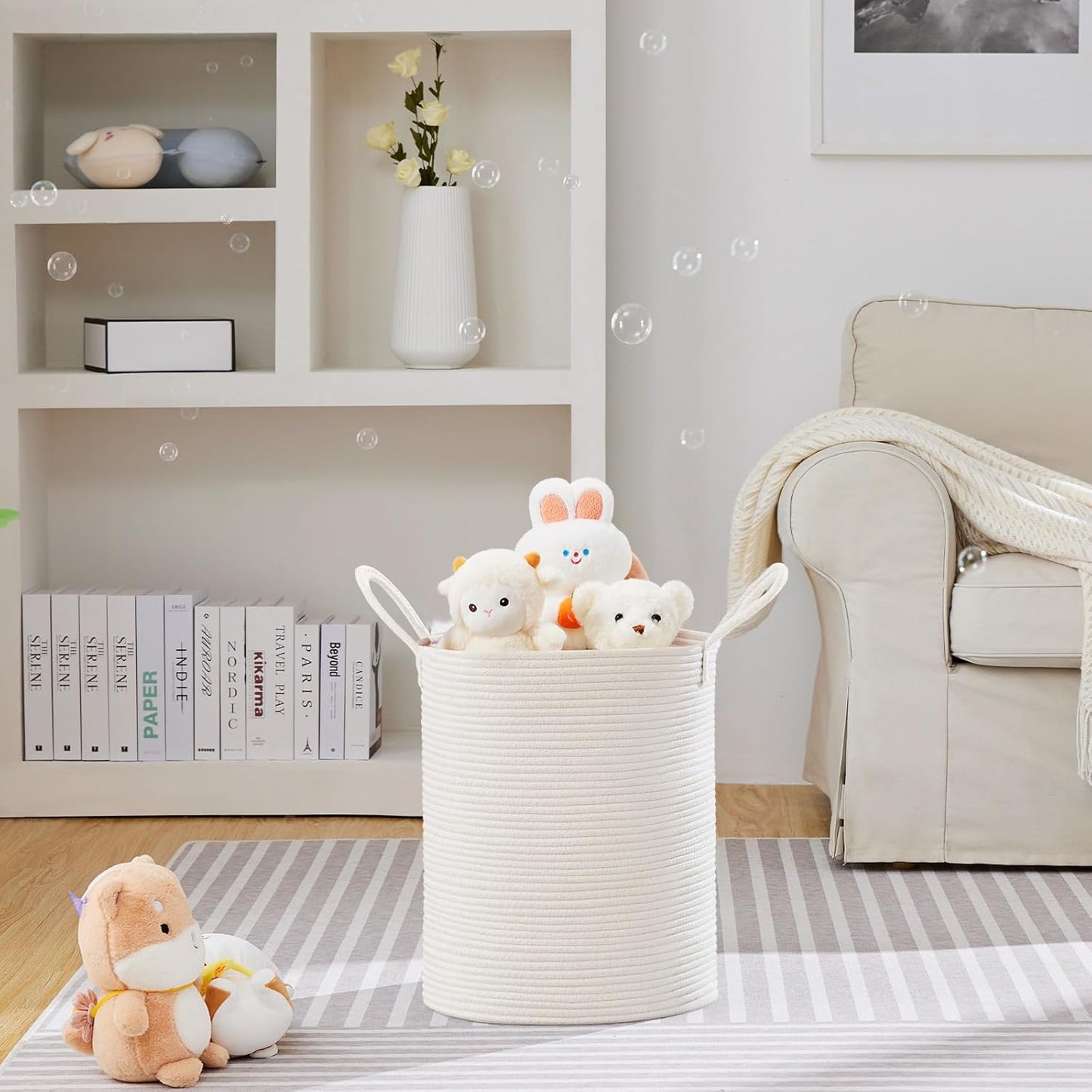 VIPOSCO Large Laundry Hamper, Tall Woven Rope Storage Basket for Blanket, Toys, Dirty Clothes in Living Room, Bathroom, Bedroom - 53L White