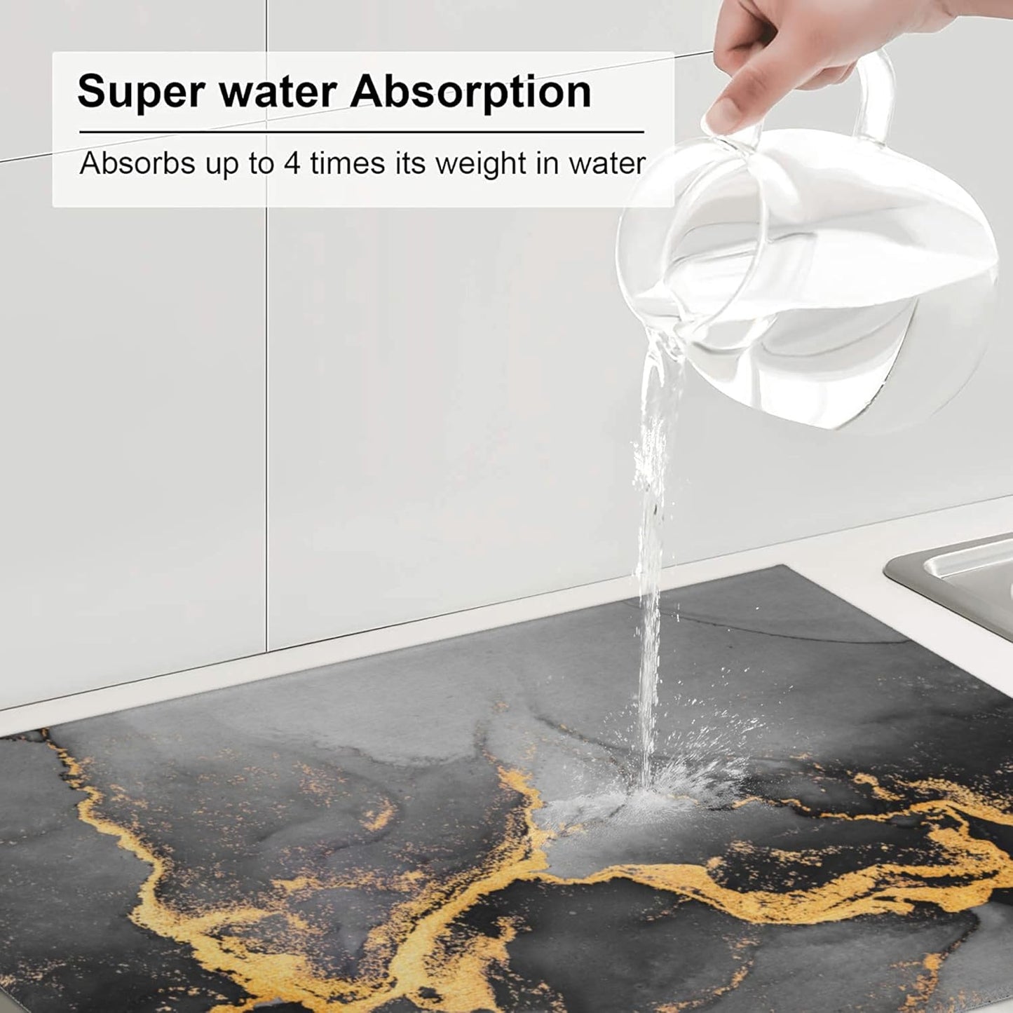 Black Gray Gold Marble Kitchen Drying Mat Abstract Modern Microfiber Dish Drainer Mat for Kitchen Counter Absorbent Reusable Washable 18x24 Inch