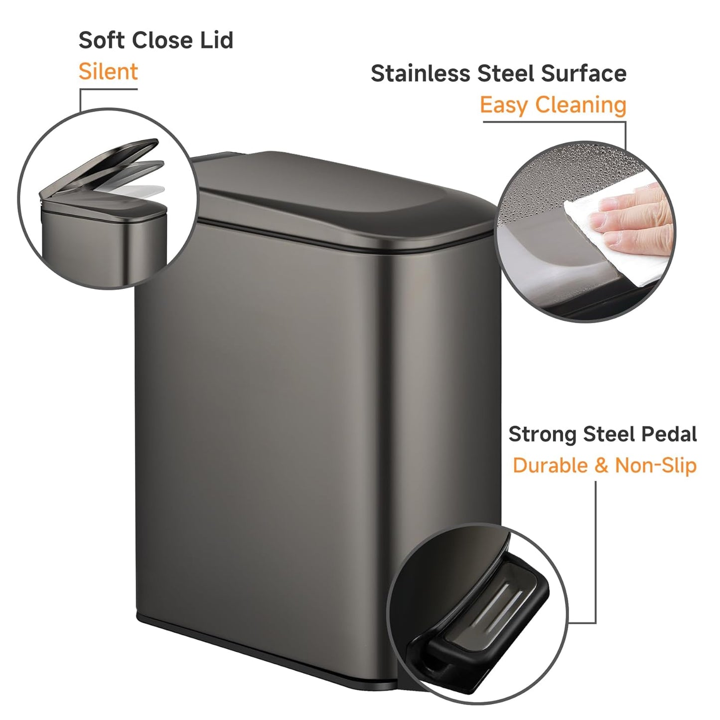 TIPGO Slim Bathroom Trash Can with Lid Soft Close, 6 Liter / 1.6 Gallon Stainless Steel Garbage Can with Removable Inner Bucket, Step Pedal, Small Trash Cans for Bedroom, Office, Kitchen (Black Gold)