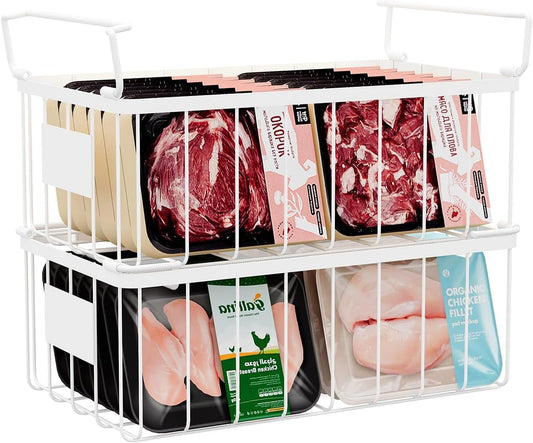 Freezer Storage Organize Baskets - 2 Pack Stackable Deep Freezer Organizer Bins for Most 7 Cu.FT Chest Freezer with Handles, Sturdy but Light, Metal Coated, Add Space, Easy to Reach