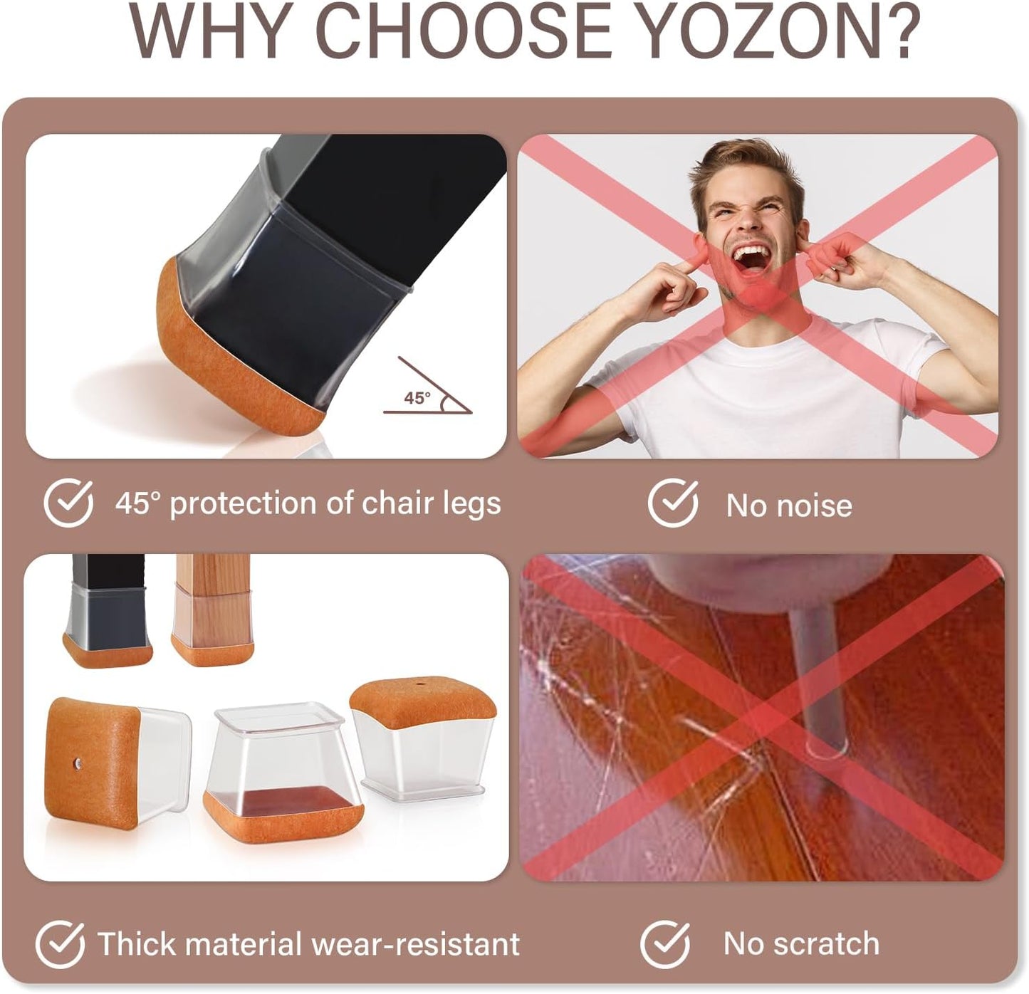 Chair Leg Floor Protectors Chair Leg Protectors for Hardwood Floors Silicone Caps Felt Strengthen Bottom Protection Anti-Scratch Reduce Noise 16 Pack Clear Square XL Fit:1-1/2" to 1-3/4" (38-44mm)