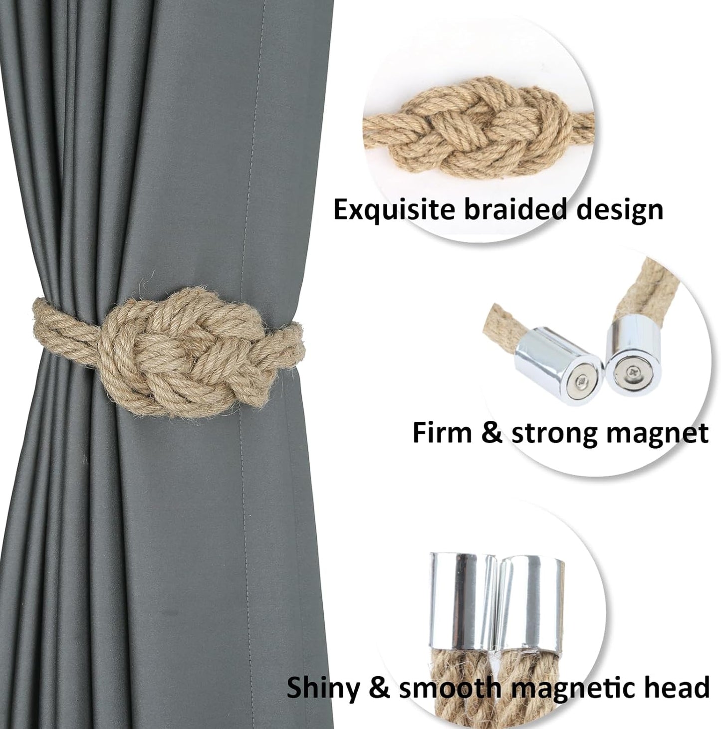 4 Pack Natural Jute Magnetic Curtain Tiebacks, Boho Rustic Style Decorative Curtain Ties Backs for Home & Office Drapery