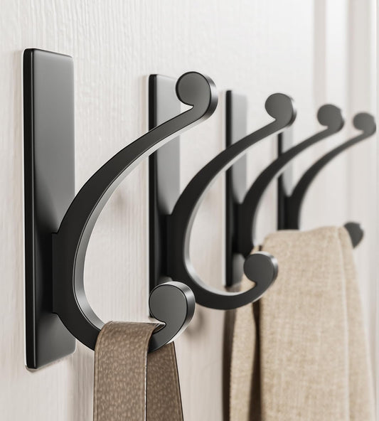 Adhesive Wall Hook for Towel/Coat - Extra Sticky 10LB Stainless, Stick on Hanger for Bath or Shower, Matt Black 4-Pack