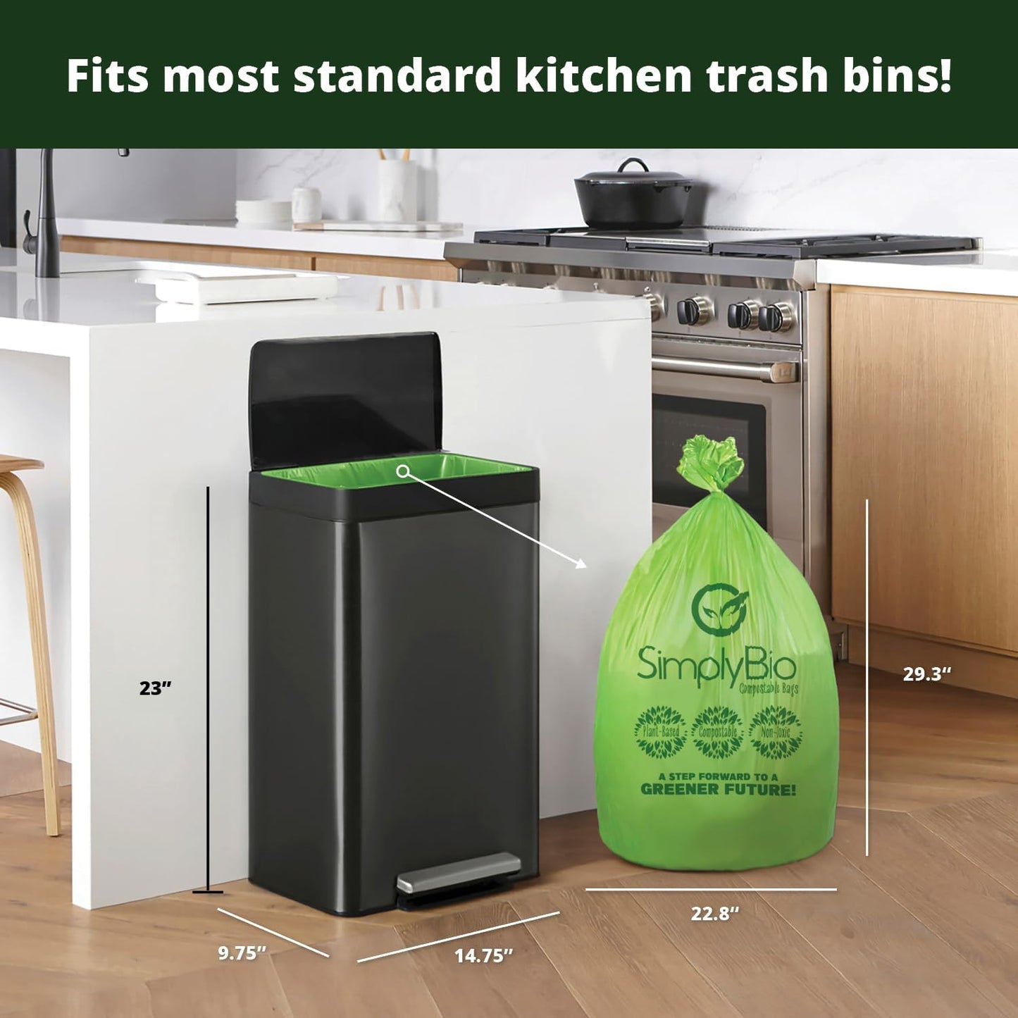 Simply Bio 13 Gallon Compostable Trash Bags Liners with Flat-Top, Thick 0.87 Mil, 49.21 Liter, 50 Bags, Tall Kitchen Food Scrap Waste Bag, ASTM D6400, US BPI and OK Compost Home Certified
