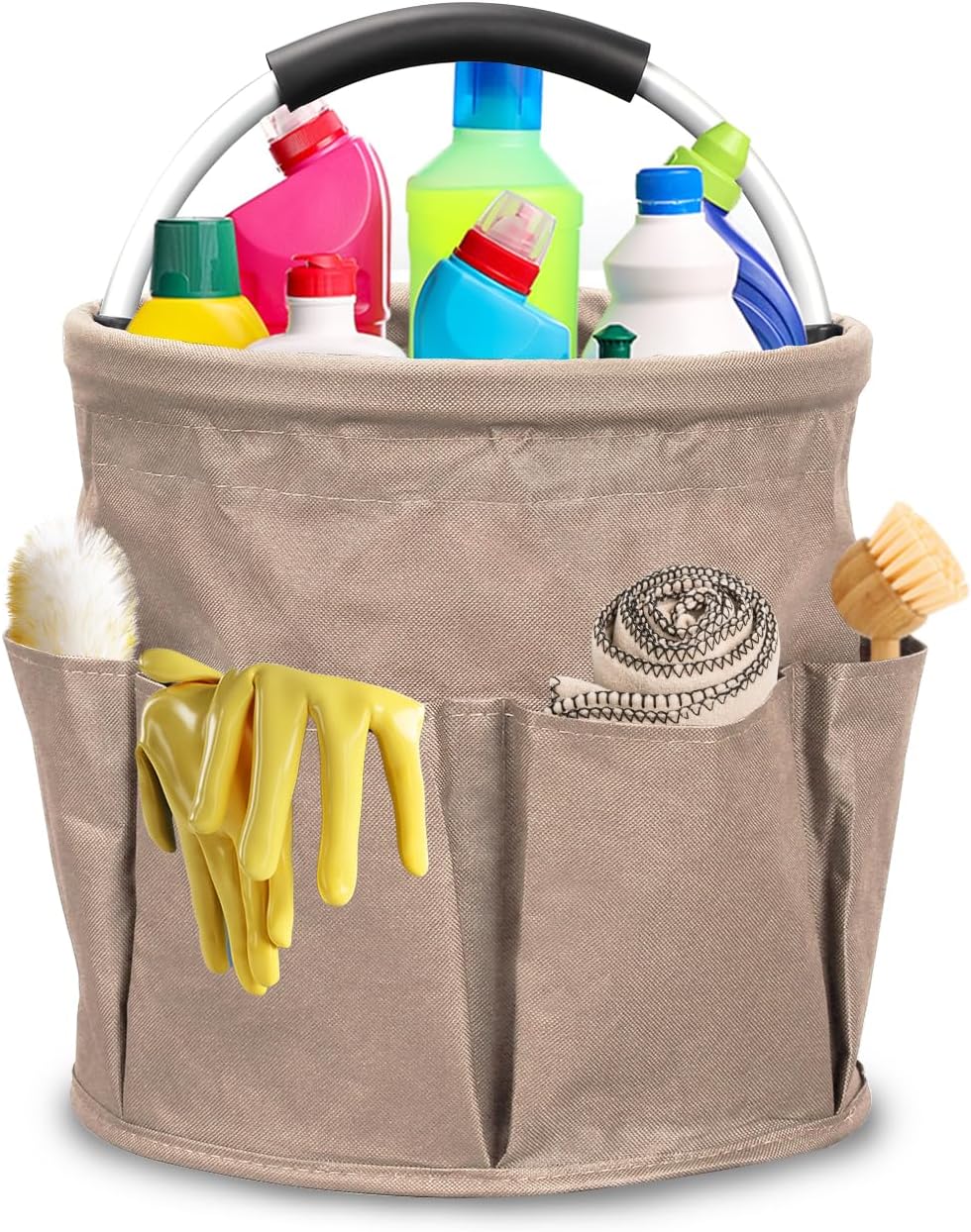 Qivine 17L Cleaning Caddy with Handle, Cleaning Supply Caddy Foldable Cleaning Caddy Cleaning Products Organizers Portable Cleaning Bucket Organiser for Storing Towels (Khaki)
