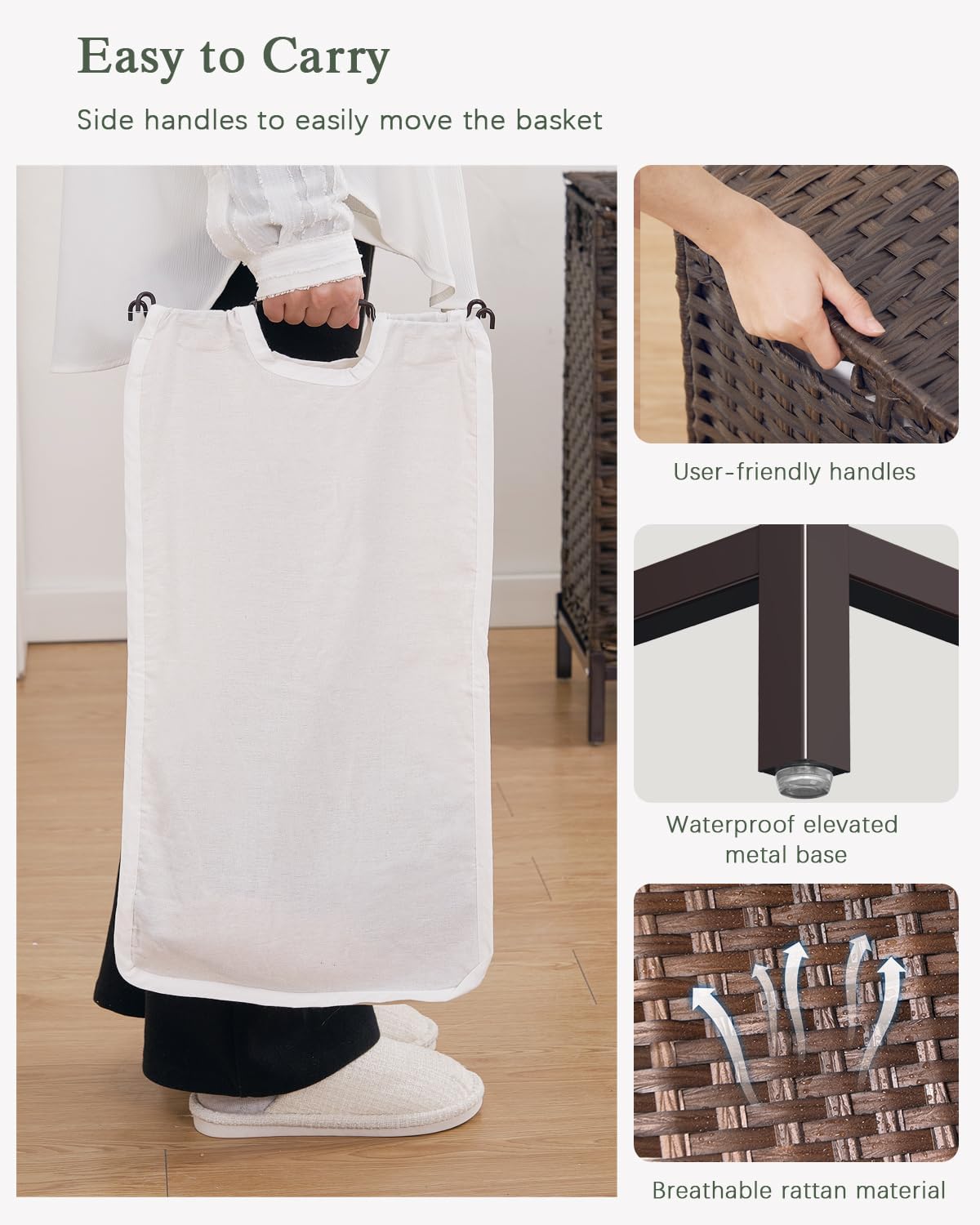 Laundry Hamper with Lid 132 L, (35 Gallons) Clothes Hamper with Lid, Handwoven Rattan Laundry Hamper with Metal Heightened Feet, Laundry Hampers with 3 Removable Liner Bags for Laundry-Brown