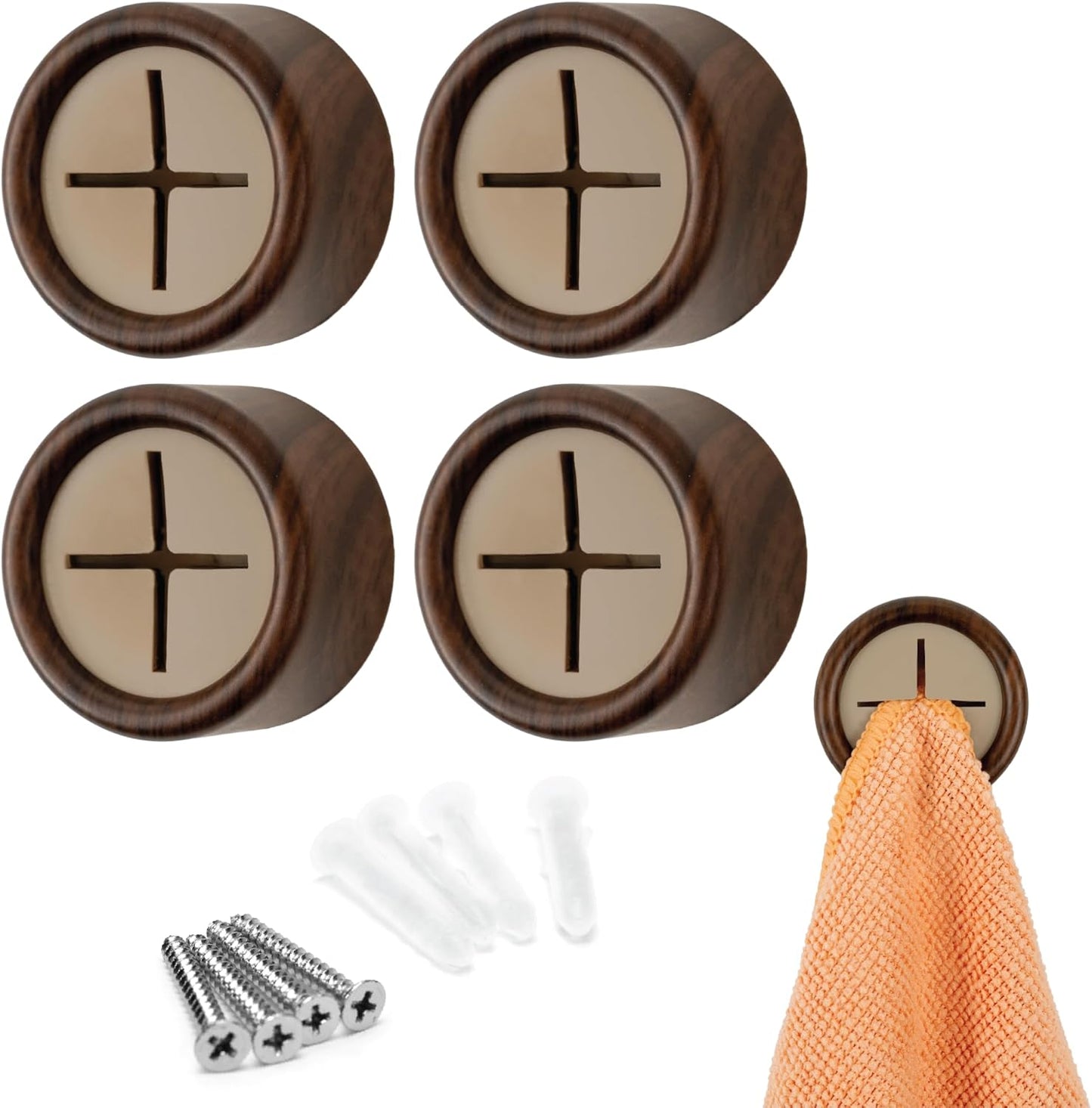 S&T INC. Round Adhesive Push Towel Hooks for Kitchen, Hand and Dish Towels, Plastic, Walnut, 4 Pack
