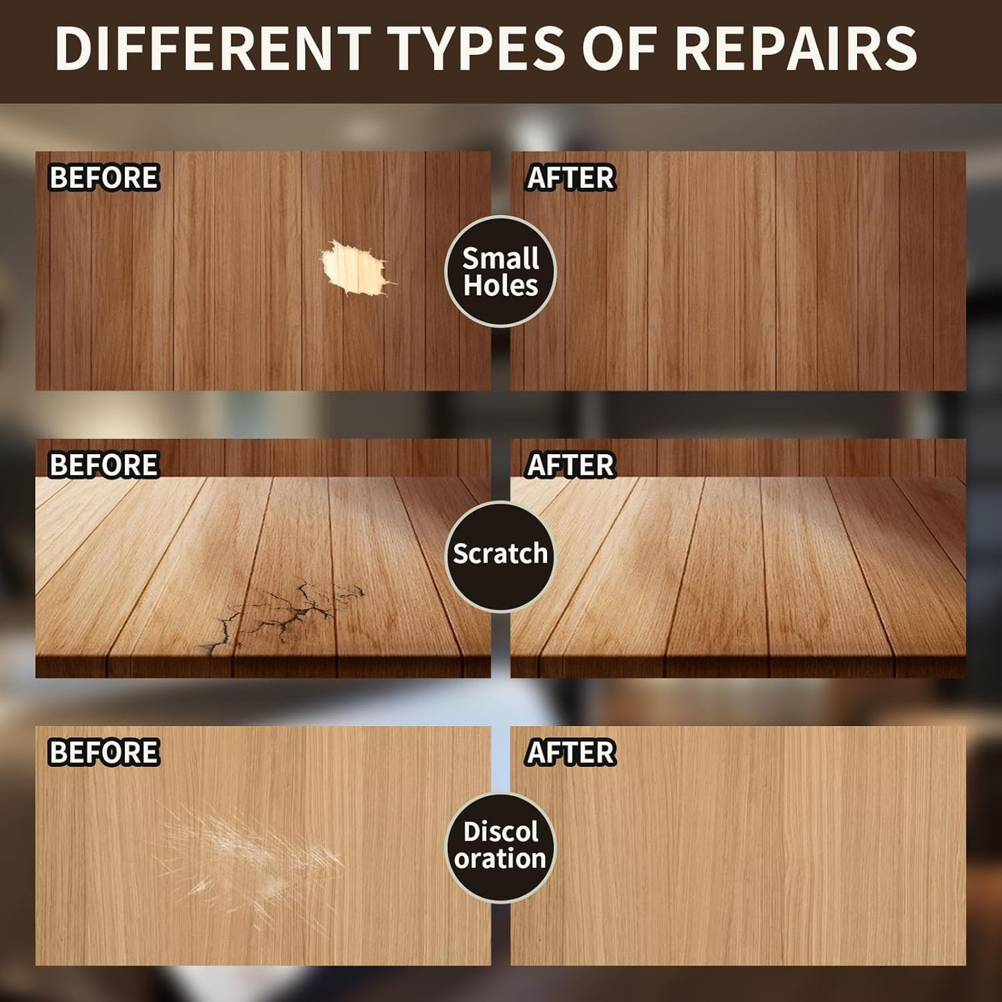 Wood Repair Kit, Wood Scratch Repair, 13Pcs Wood Filler Scratch Repair Kit for Wooden Furniture, Table, Door, Cabinet, Floor Discoloration Stain Paint, Brown