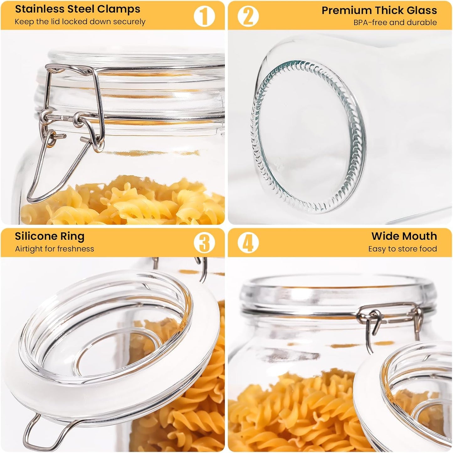 Glass Jars with Airtight Lid, Large Glass Food Storage Jars, 3 Pack Wide Mouth Airtight Glass Jars ffor Flour, Cereal, Coffee, Pasta and Canning(50OZ)