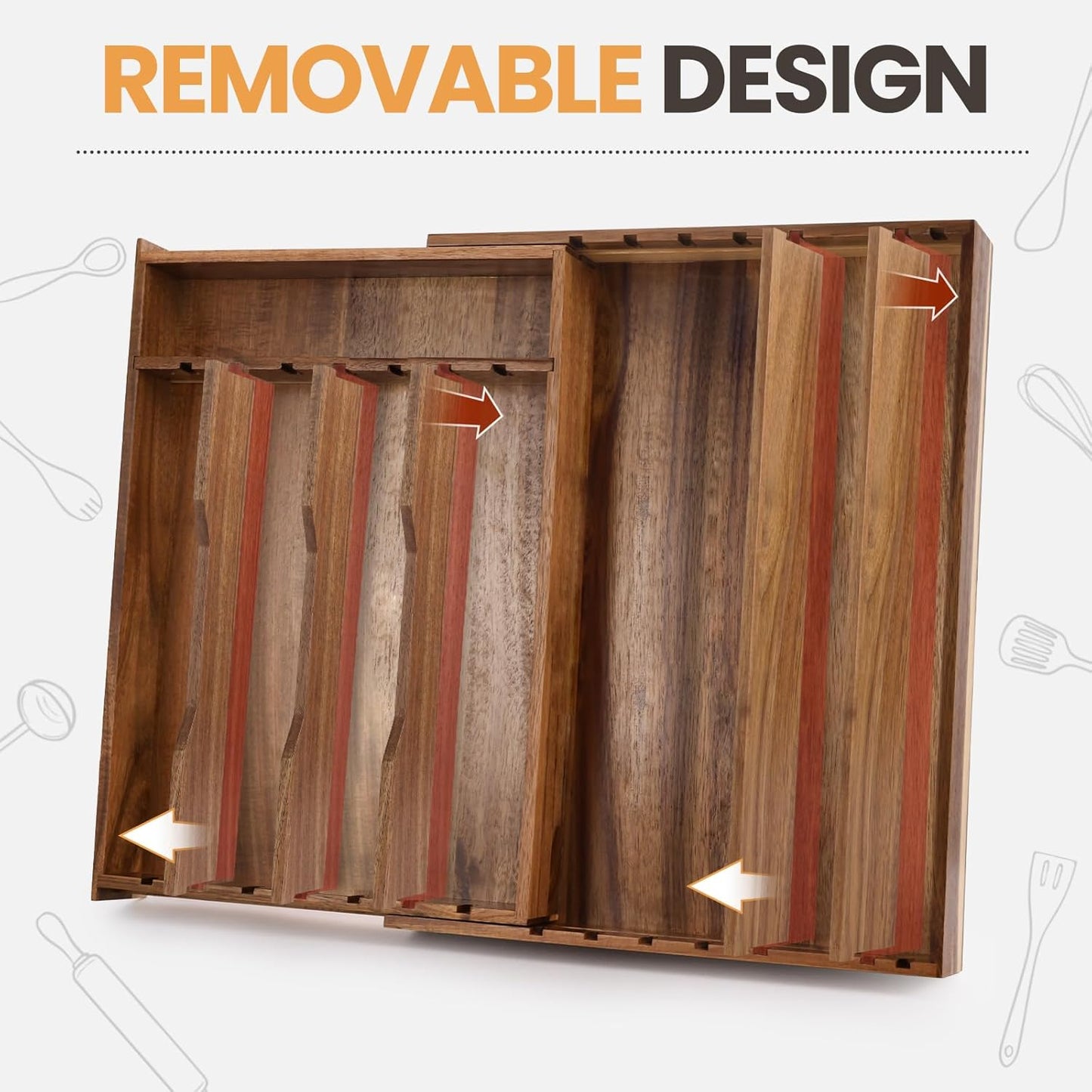 Acacia Wood Silverware Drawer Organizer, 21 Inch Adjustable Cutlery Tray for Kitchen Utensils, Silverware Flatware Storage Box with 5 Detachable Dividers(8-Compartment)